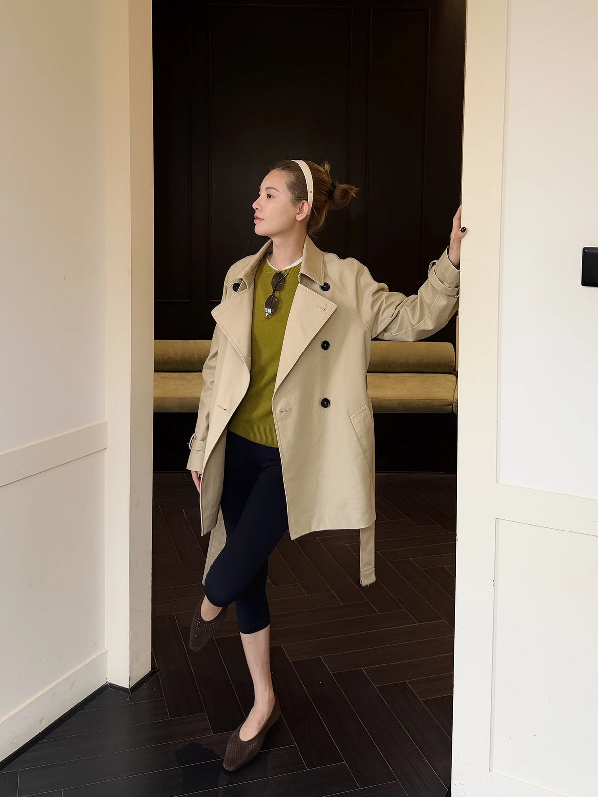 THESOONG/Wilderness travel 100% cotton enzyme-washed soft mid-length double-breasted trench coat 9106