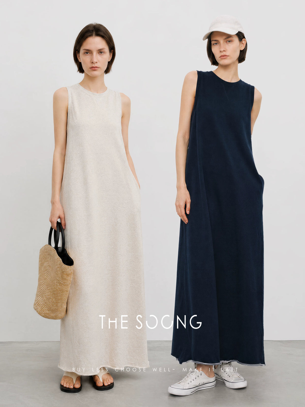 THESOONG / 280G cotton sleeveless vest dress for women, summer long straight slim-fit dress with slit HWQZ9328