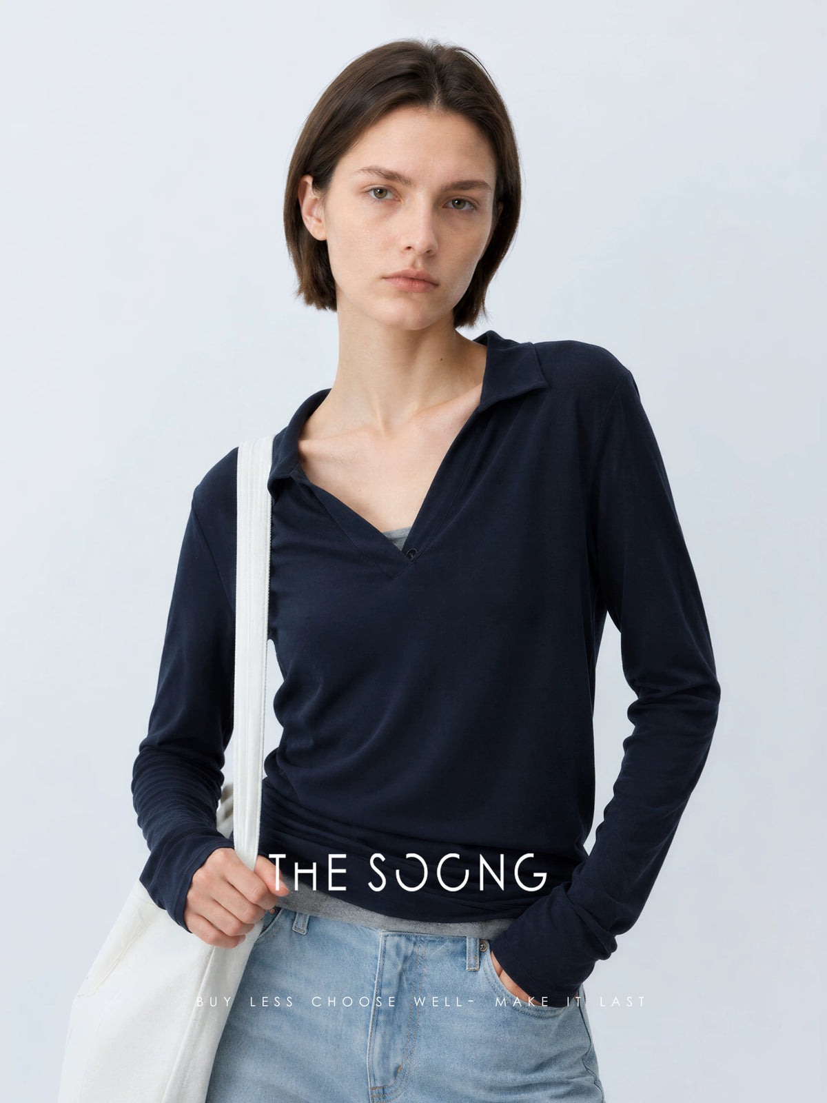 THESOONG / Classic 100% cotton breathable Henry shirt skin-feel long sleeve polo sweater for women 6347