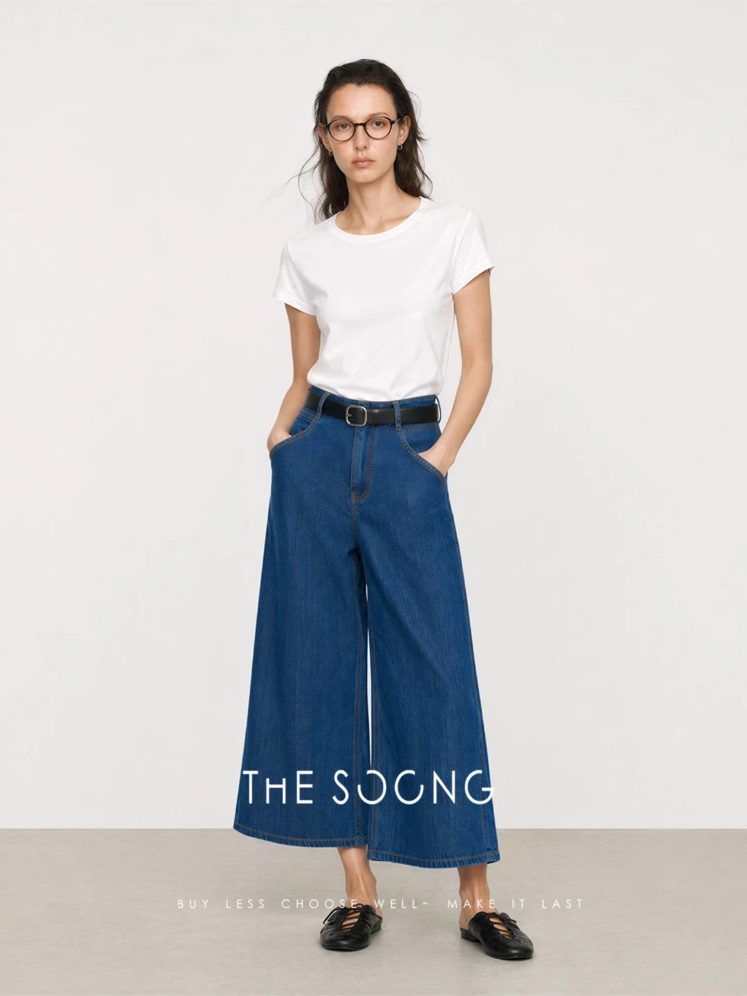 THESOONG/Japanese rope-dye indigo 9-oz stretch Lycra summer thin cropped wide-leg jeans for women