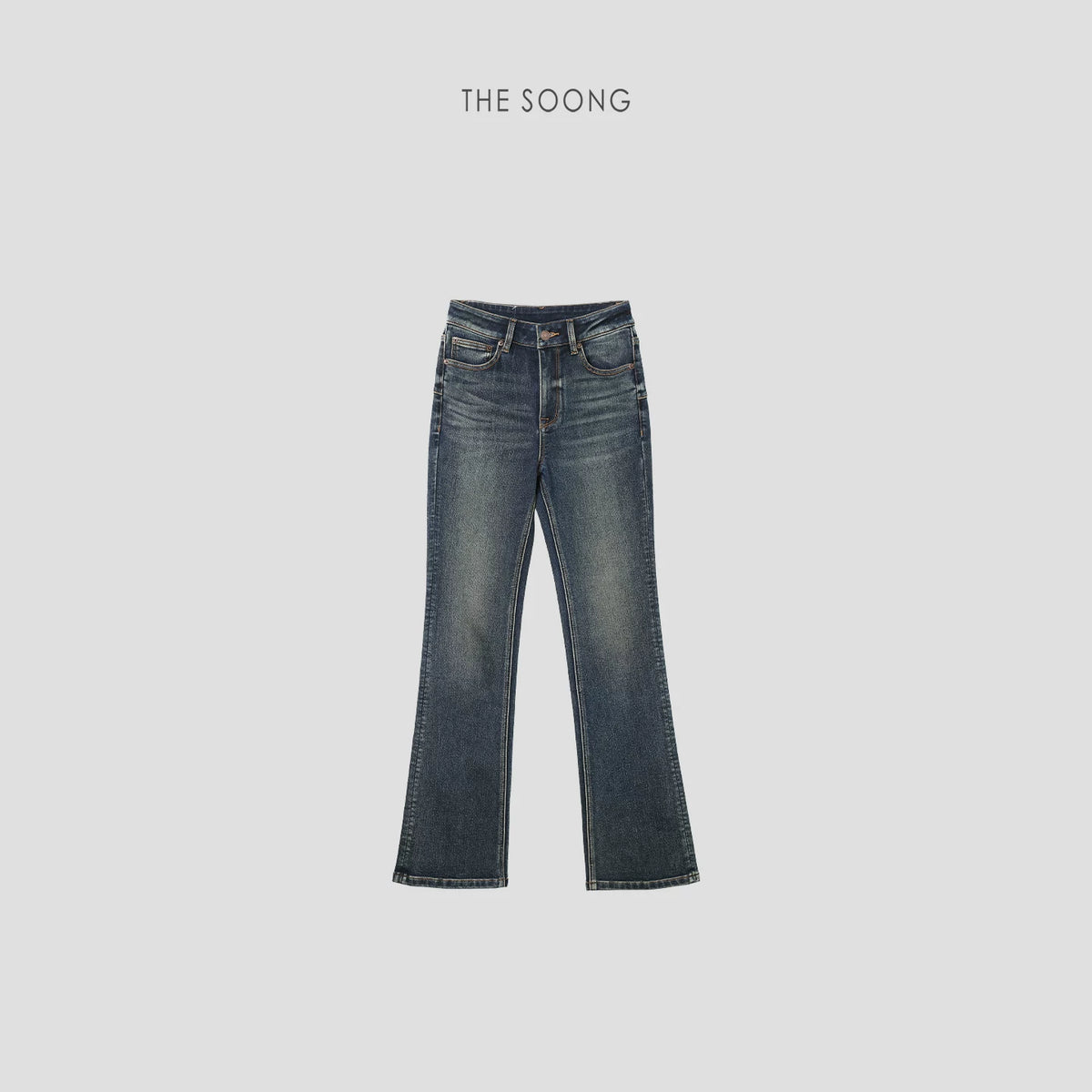 THESOONG/Everlasting Retro Sandwashed Line Sense Mid-Waist Stretch Flared Denim Jeans for Women 7077