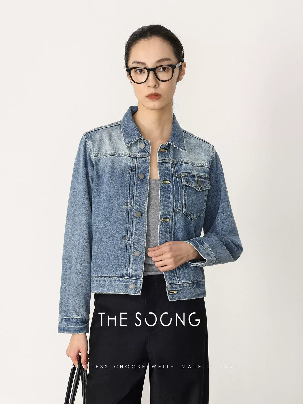 THESOONG/Vintage Washed Blue Denim Jacket for Women, Short Lapel Single-Breasted Casual Jacket HBWT7357