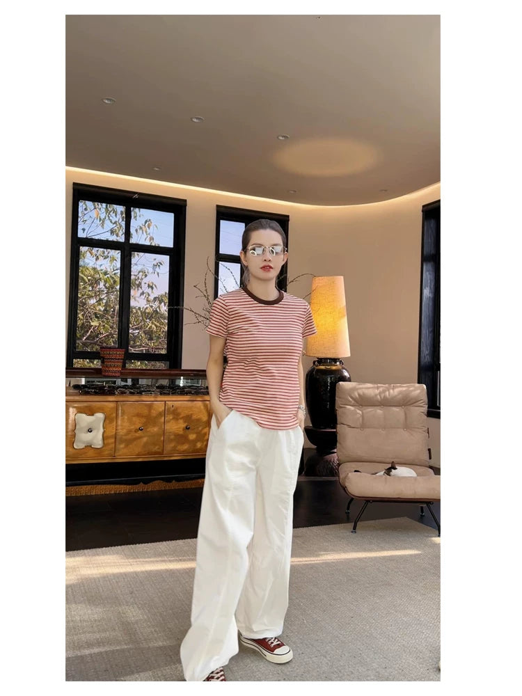 THESOONG/ Cloud pants, 100% pure cotton, minimalist comfortable drape, elastic mid-rise wide-leg casual pants 7555