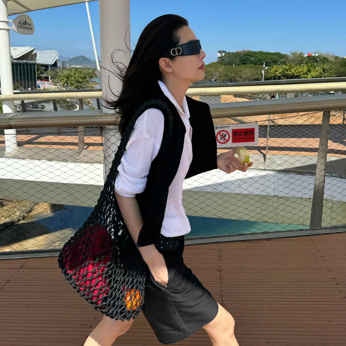 THESOONG/Basket Pure Handmade Top-Grain Cowhide Knotted Woven Hollow Single Compartment Net Bag 6807