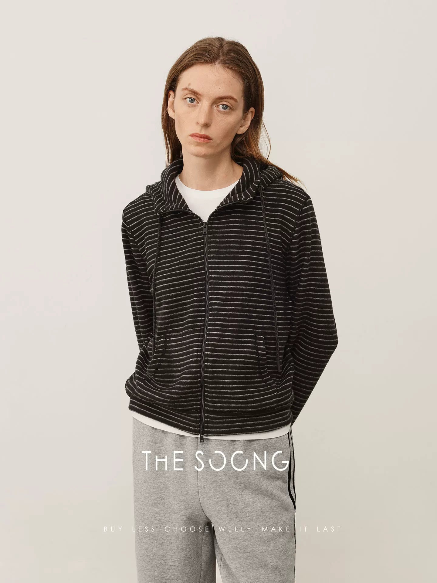 THESOONG / Wool and Fleece Self-Heating Shrink Temperature Adjustable Zipper Hoodie Striped Short Cardigan Sweatshirt Jacket for Women