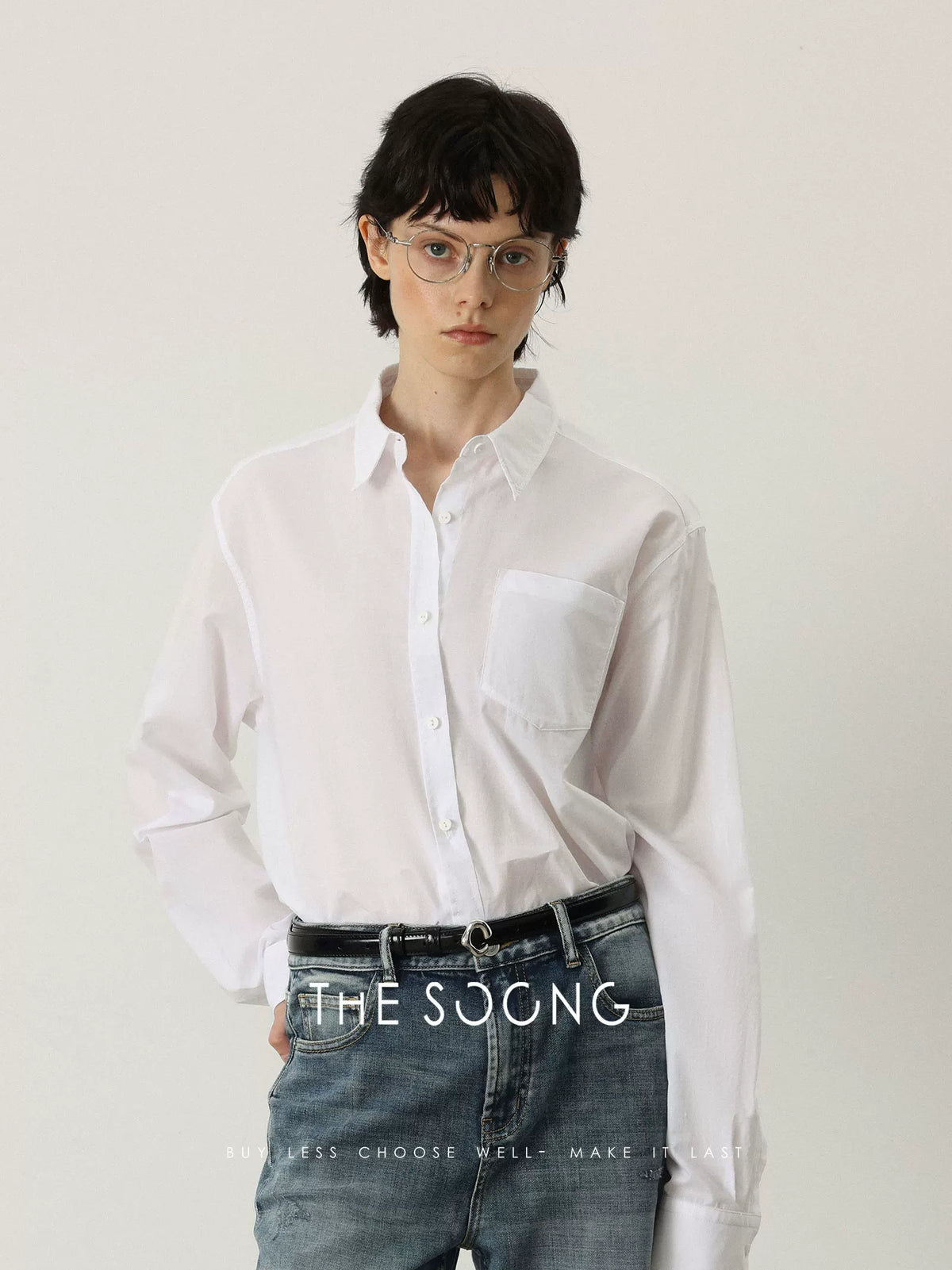 THESOONG/Minimalist Black and White Long Sleeve Shirt for Women 60S Cotton Soft Washed Collared Casual Top 7566