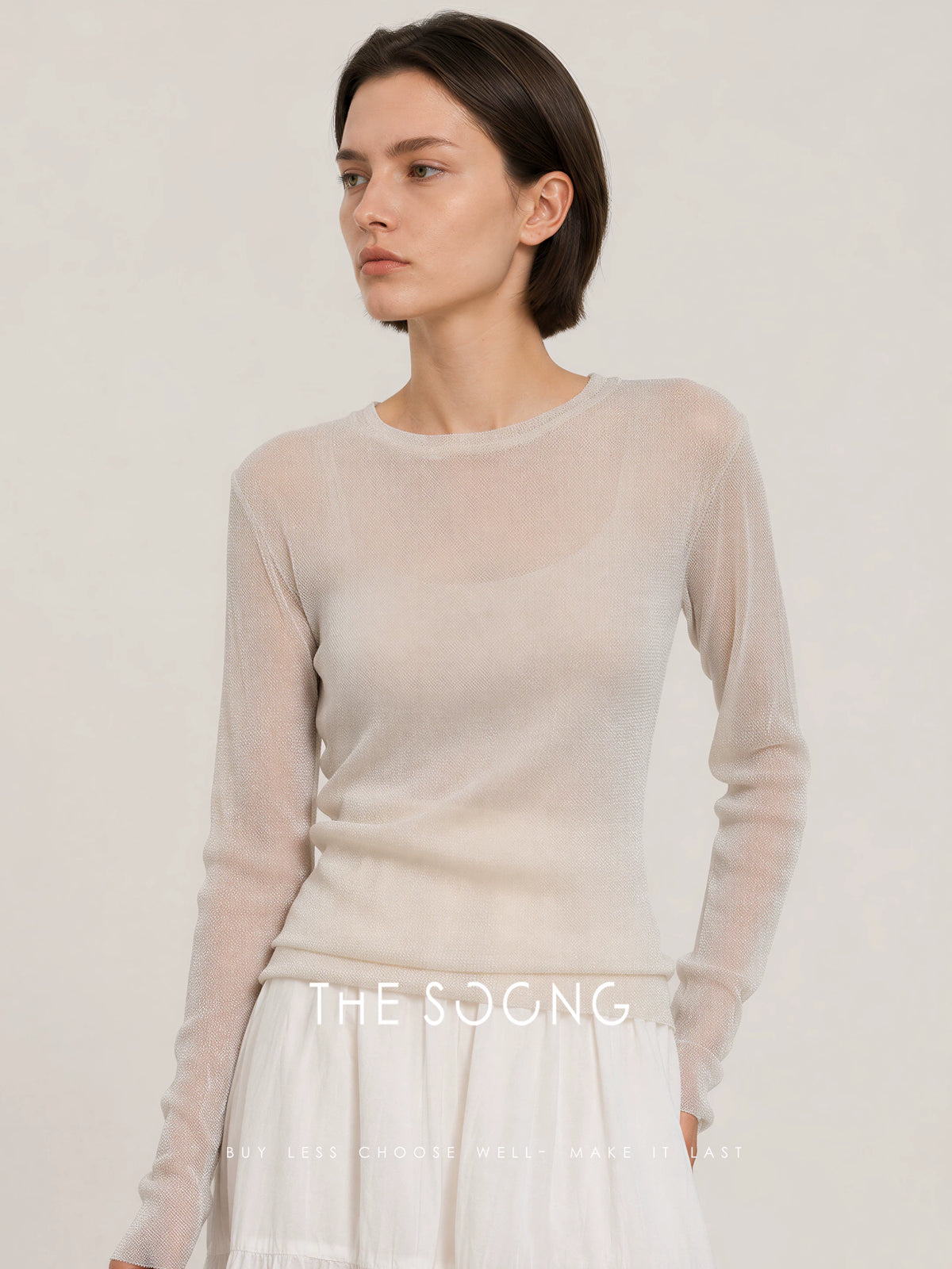 THESOONG/Sparkling Shirt Craft Dense Stitching 12-Needle Silver Thread Blend Stretch Round Neck Long Sleeve Base Shirt 8706