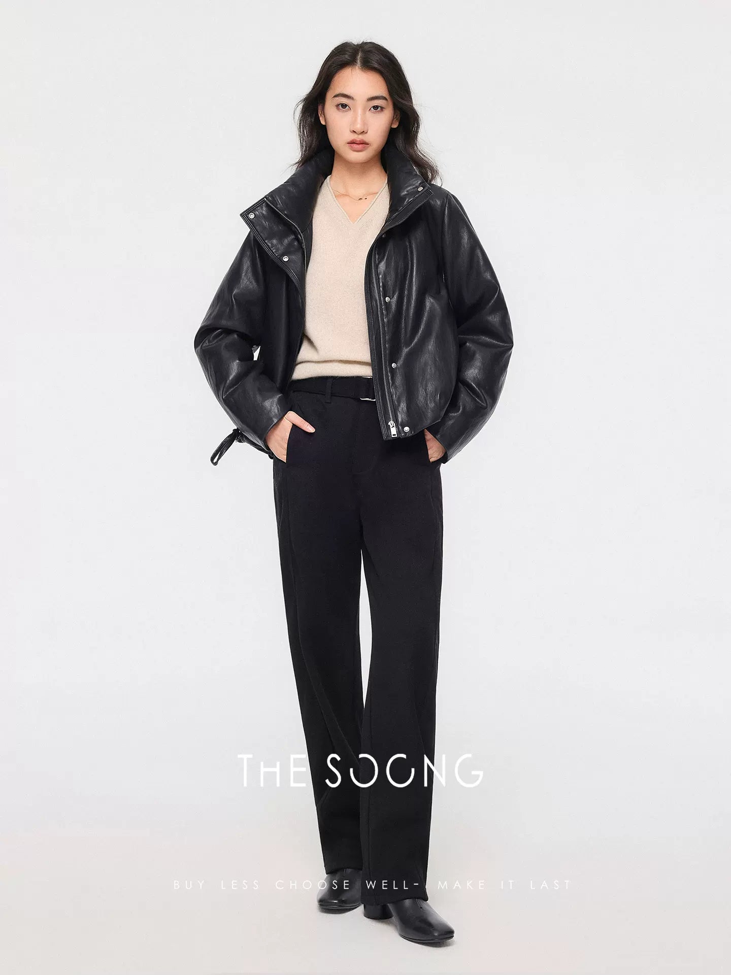 THESOONG / Autumn/Winter Women's Fleece-Lined Thick Elastic Zipper Mid-Waist Casual Pants 7302
