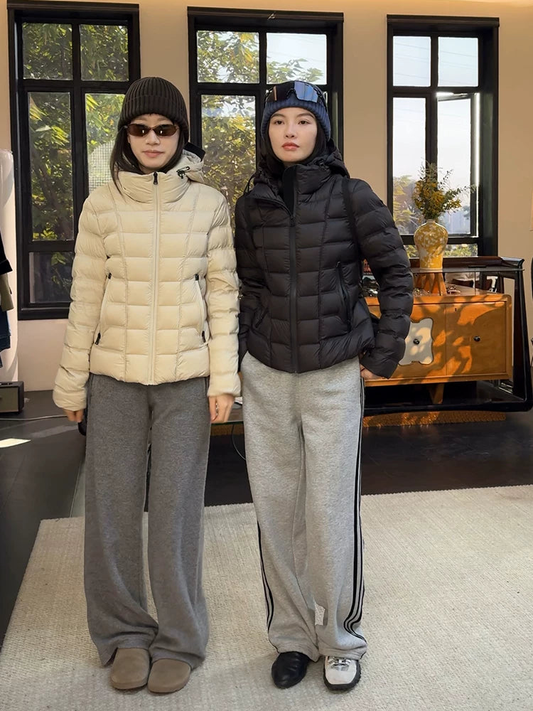 THESOONG/slim-waist 90% white goose down jacket for women, lightweight warm fitted waist rib short jacket