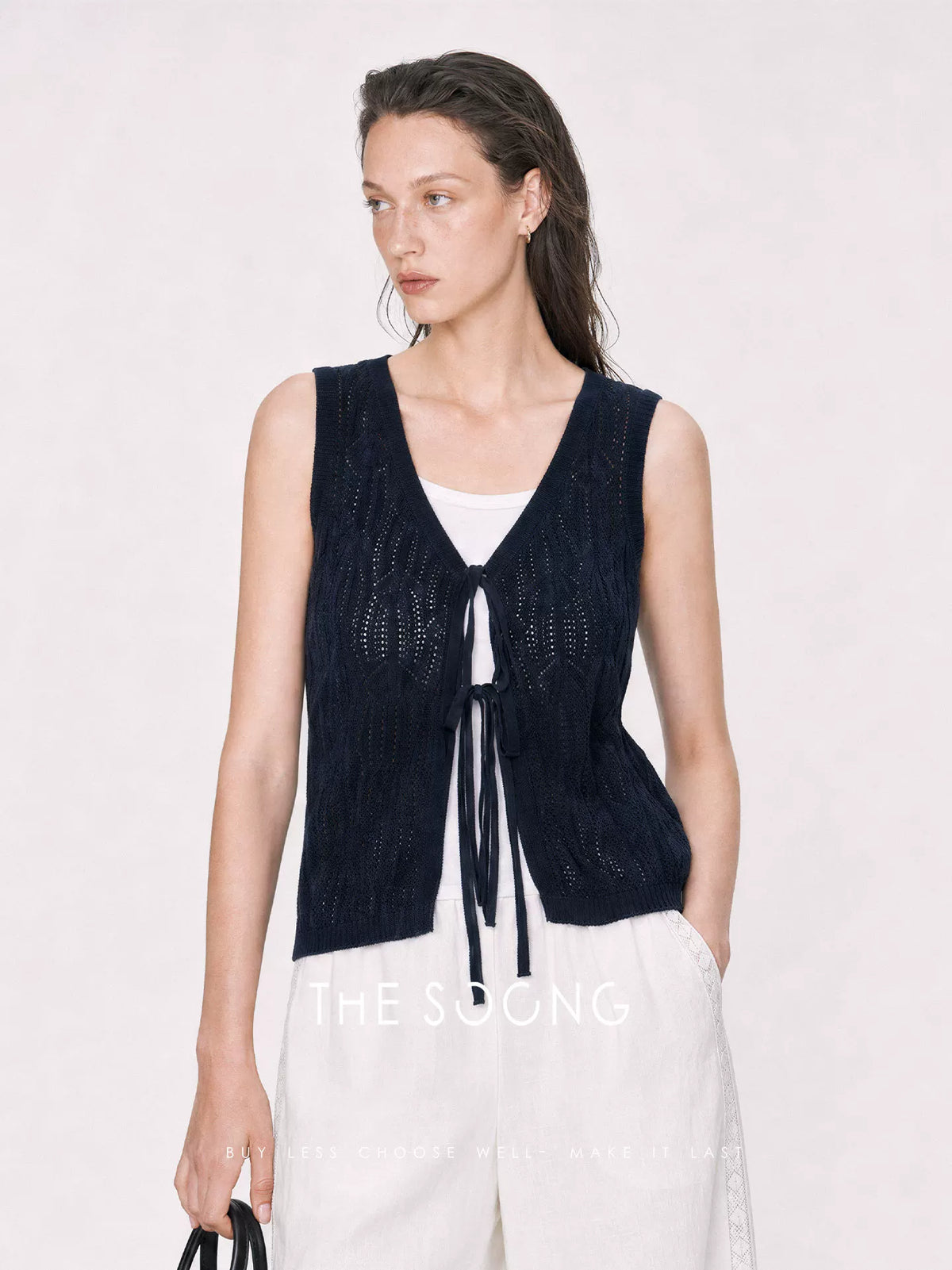 THESOONG / Island Stroll Breathable Skin-Friendly Navy Solid Loose Layered Knit Vest 9156