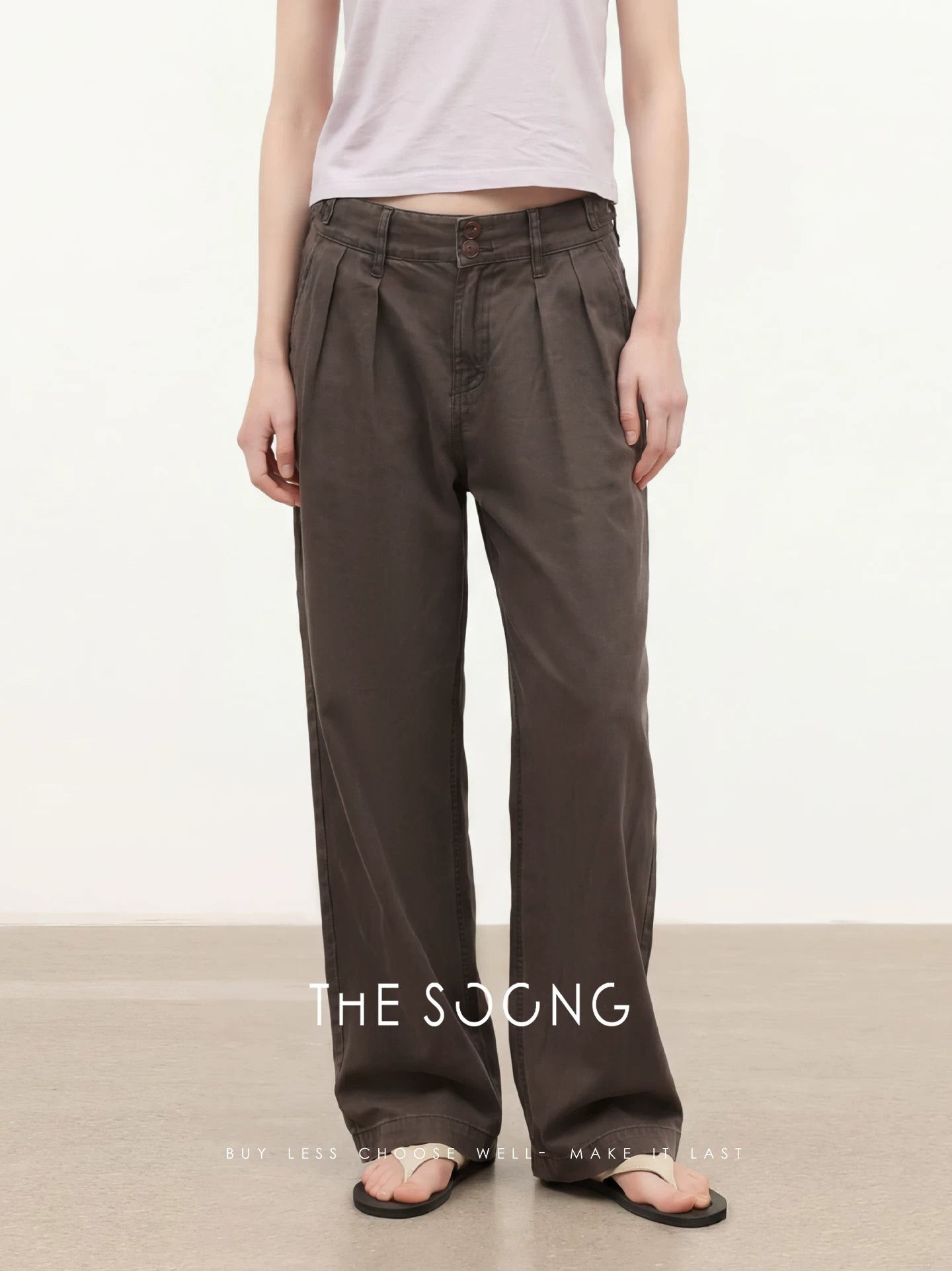 THESOONG/Relaxed Silhouette 100% Cotton Dark Gray Coffee Tone Double Activated Pleated Wide-Leg Jeans, Women 7634