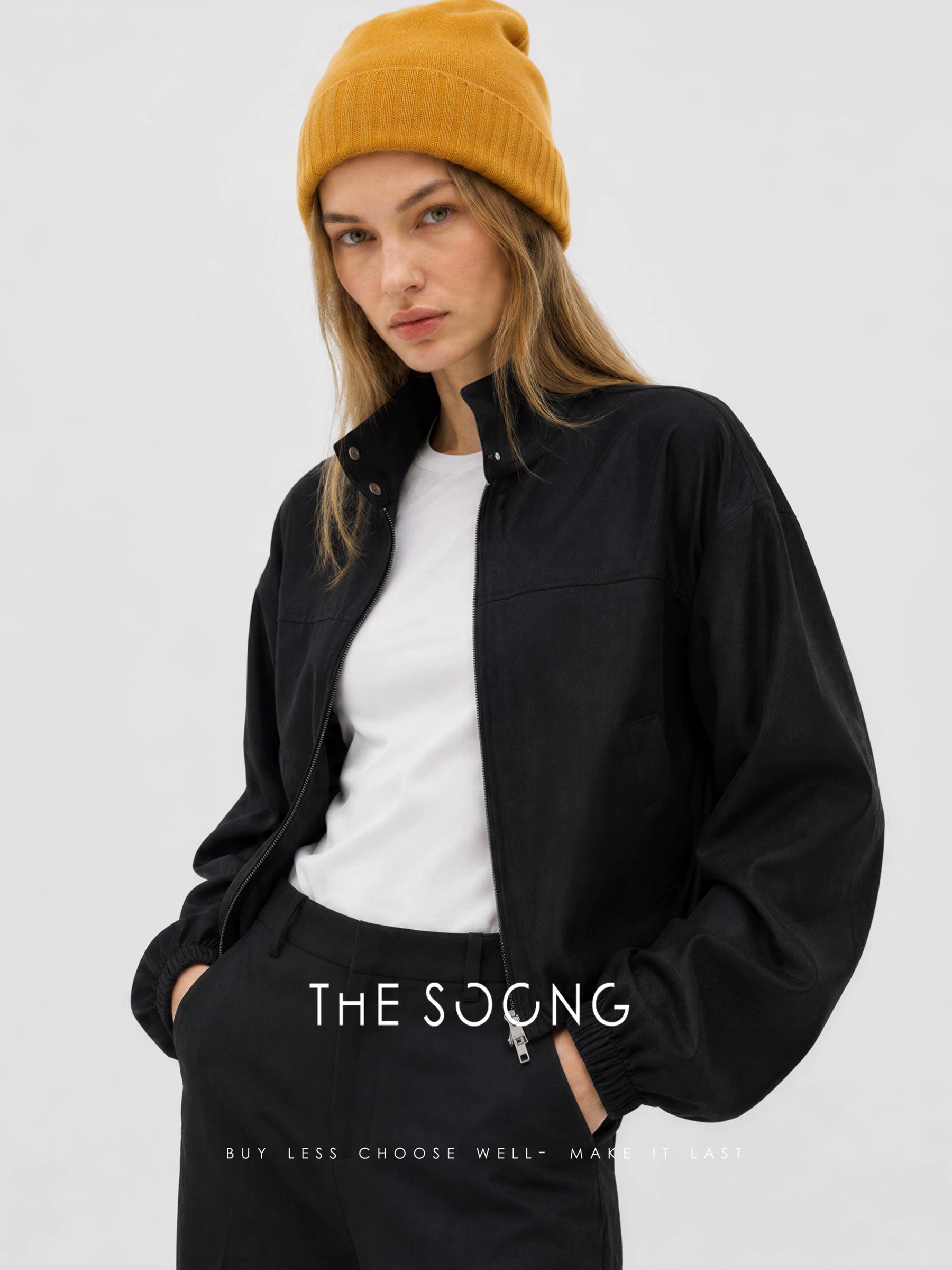 THESOONG / Bass Jacket Short Drawstring Hem Stand Collar Two-Way Zipper Loose Jacket 9142
