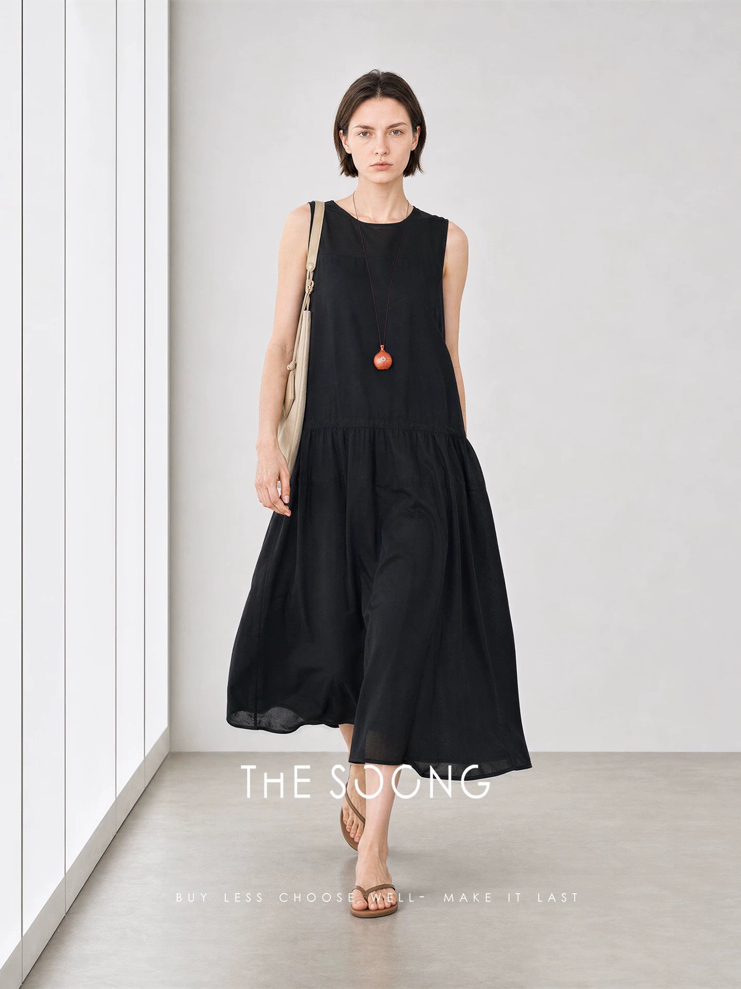THESOONG/Summer Linen-Cotton Tencel Drawstring Waist-Cinching Black-and-White Sleeveless Dress for Women HWQZ9370