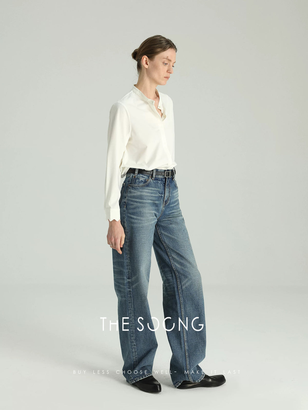 THESOONG/C Brand Classic Hand-Brushed Cat Whisker Mid-High Waist Slimming Zipper New Straight-Leg Jeans for Women 6345