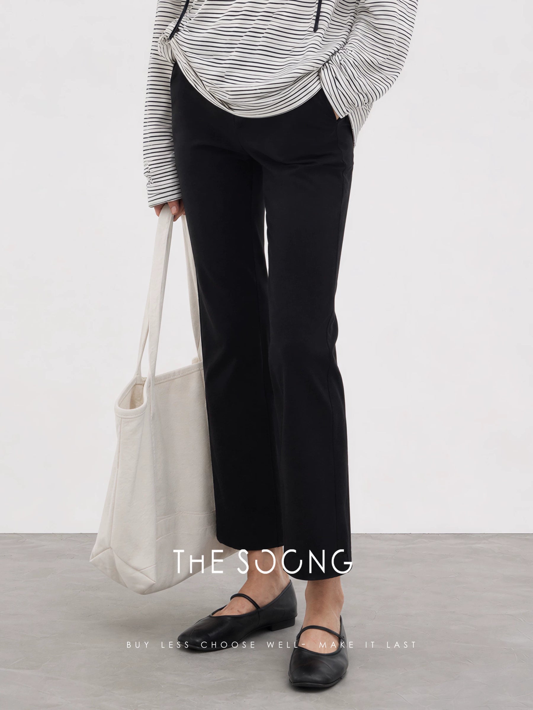 THESOONG / Stretchy Little Black Pants Minimalist Slimming Mid-Rise Straight Nine-Point Casual Pants for Women Summer 6813