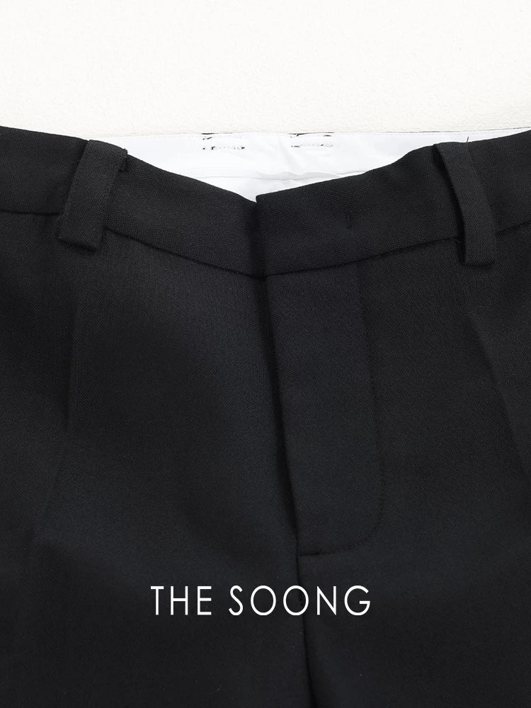 THESOONG/Private Style Suit Pants Wool Blend Mid-Waist Zipper Straight Black Fashion Pants for Women 9108