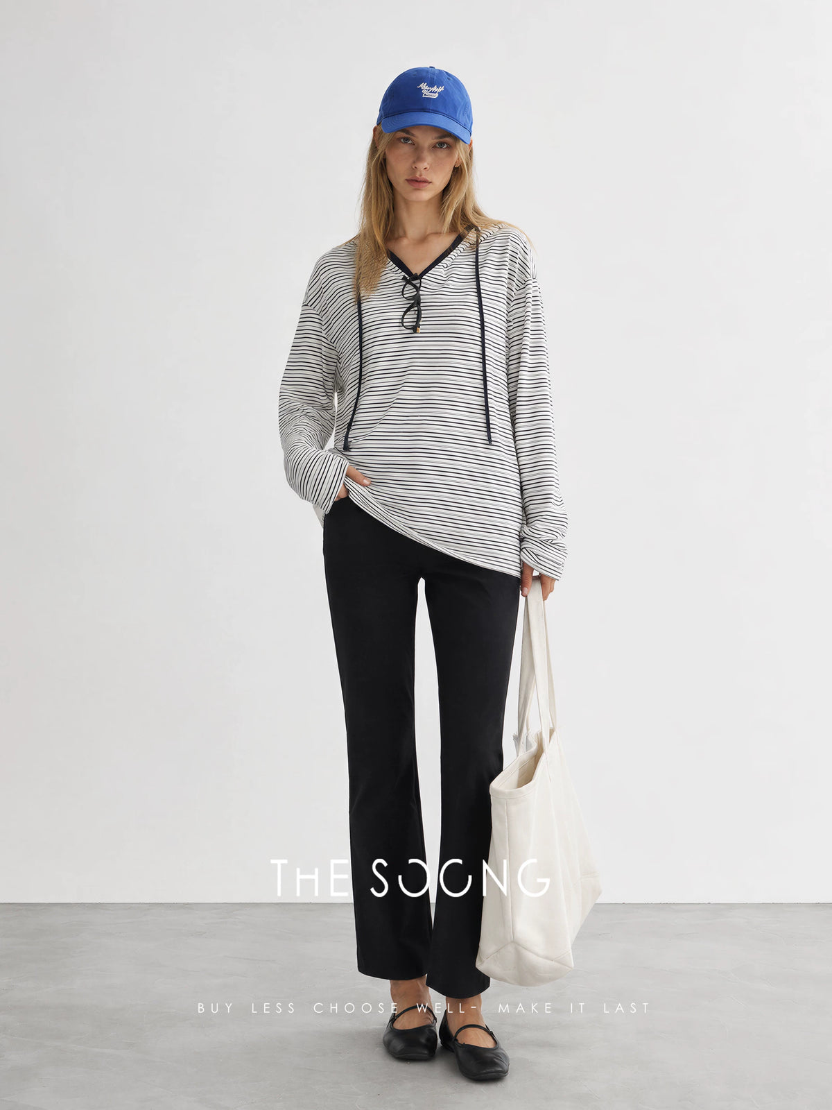 THESOONG/Soft washed skin-friendly cotton blend contrasting stripe hooded long sleeve top HBWY8224