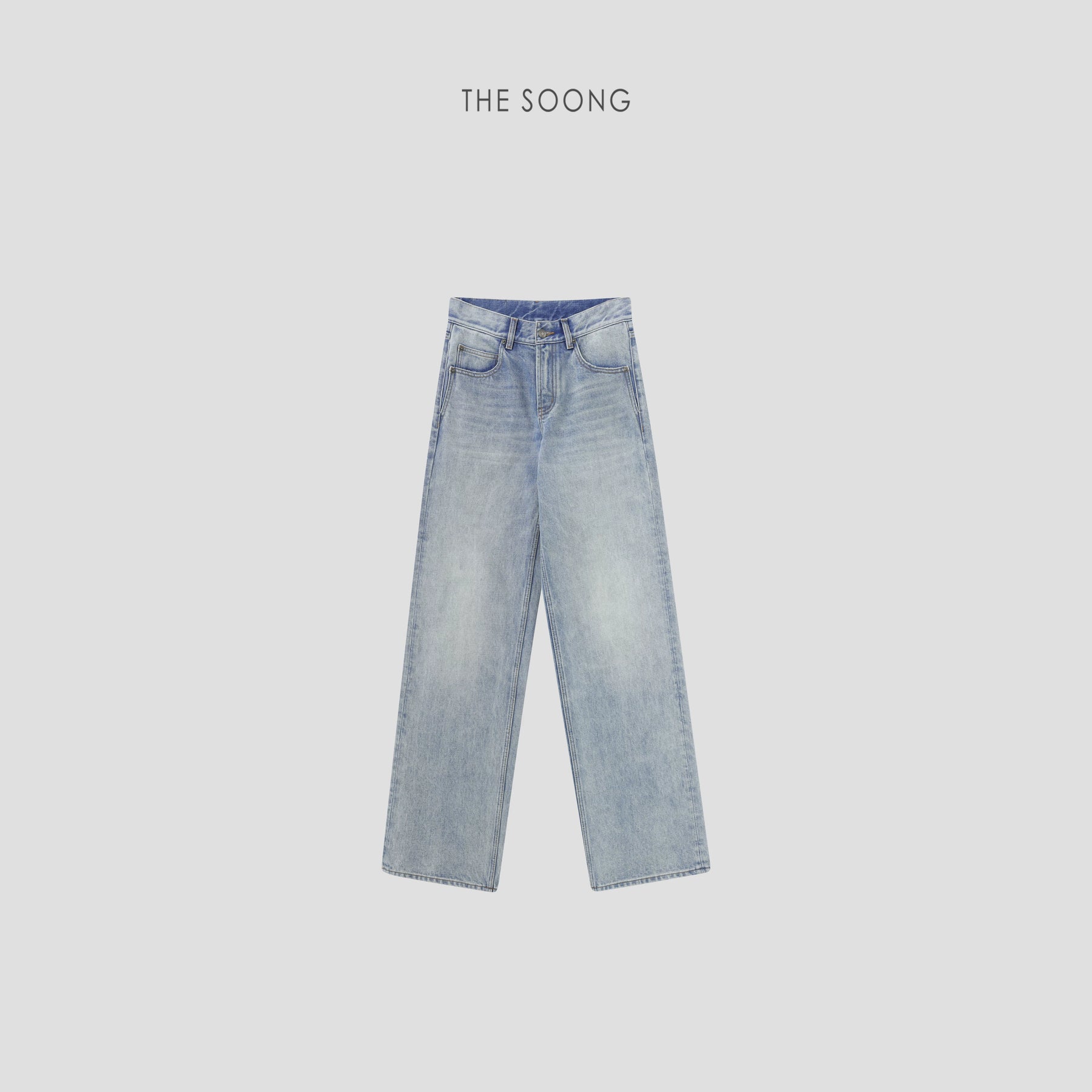 THESOONG/Straight-Leg Jeans Women New Light Blue 14.9oz Rigid Washed Wrinkle Long Pants 6940