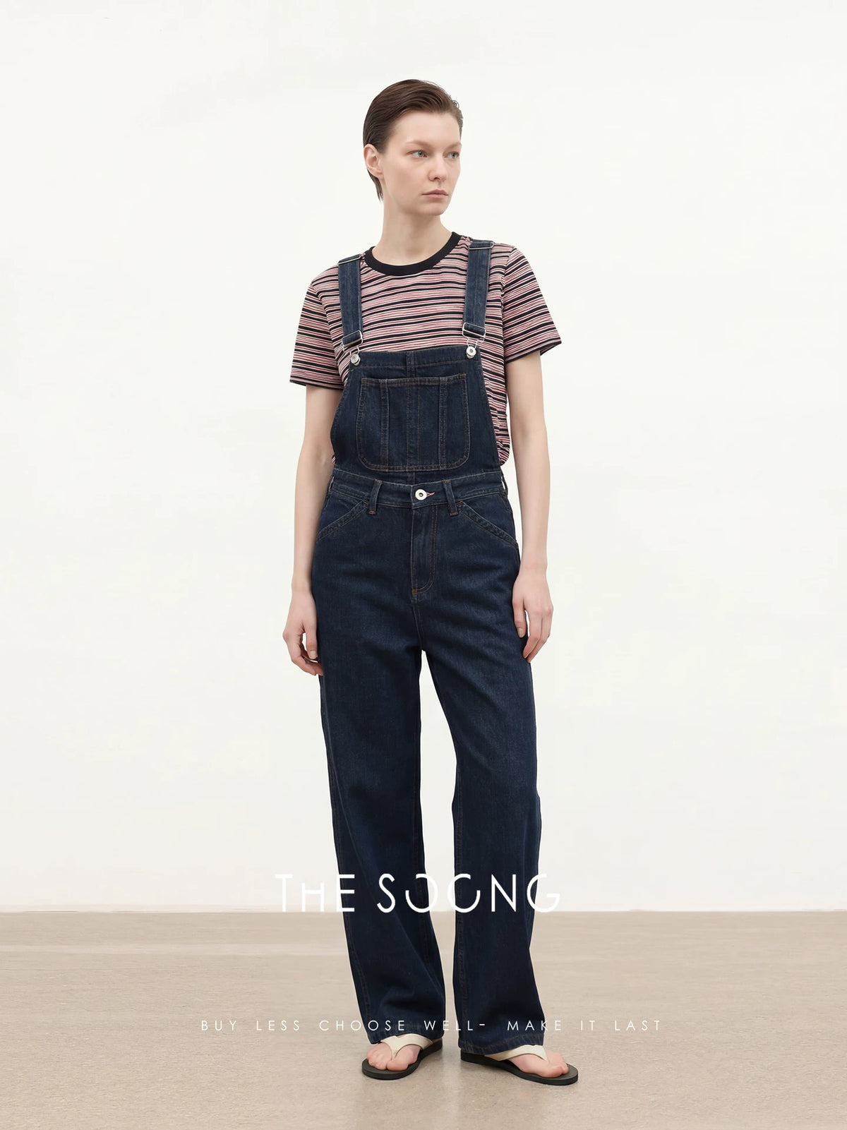 THESOONG/Casual Versatile Spring-Summer Detachable Strap High-waist Wide-leg Denim Jumpsuit for Women 8882