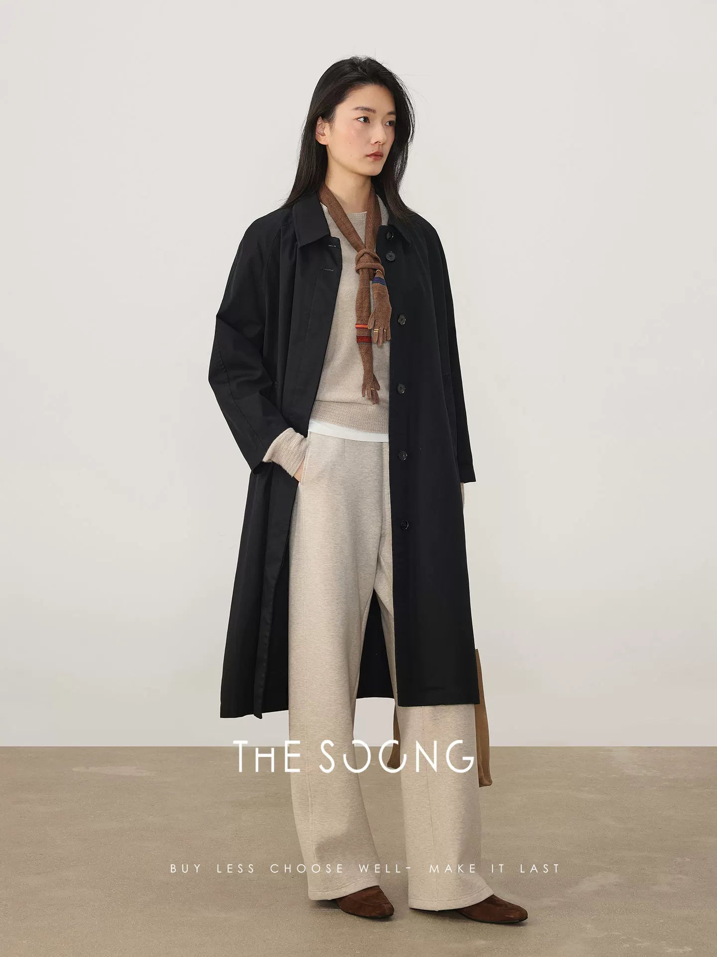 THESOONG/airport trench coat, heavily washed and softened twill pure cotton black autumn winter new trench coat for women
