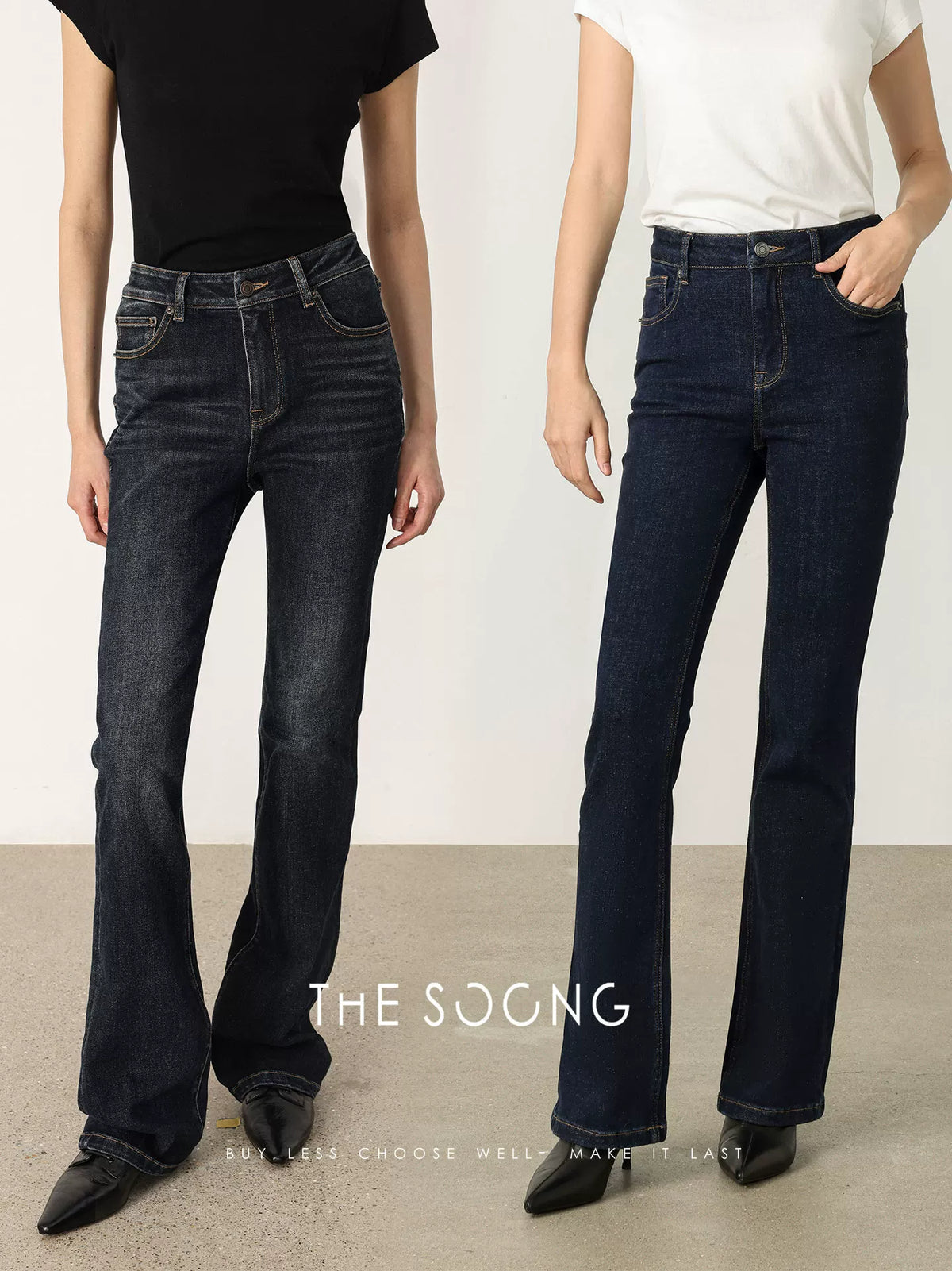 THESOONG/Everlasting Retro Sandwashed Line Sense Mid-Waist Stretch Flared Denim Jeans for Women 7077