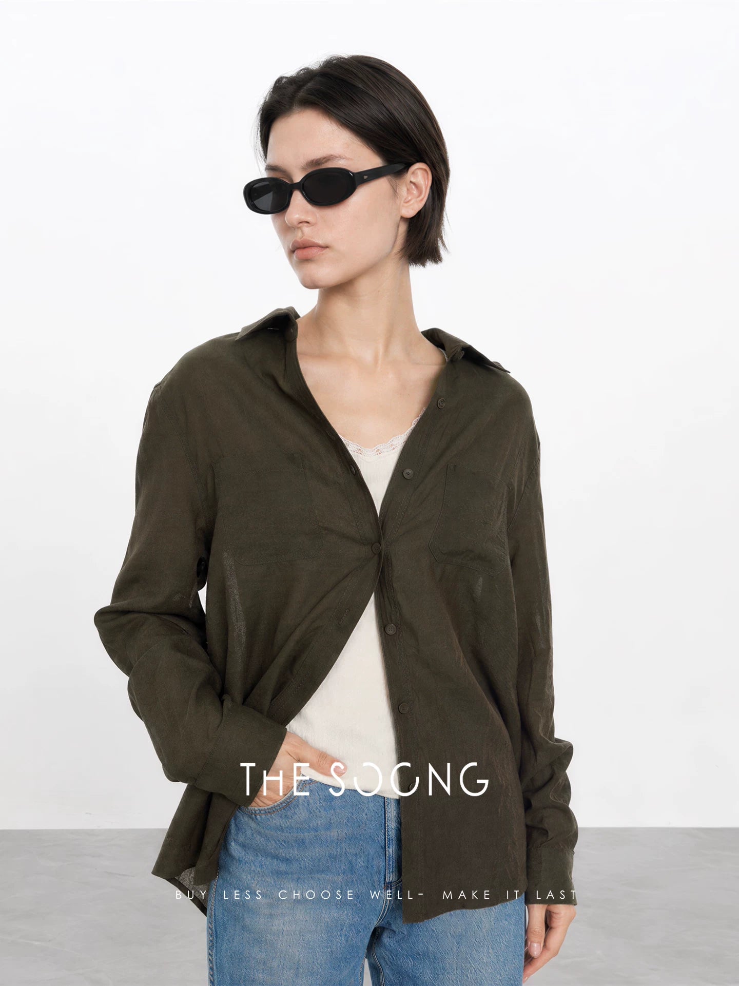 THESOONG/Lyocell Ramie Shirt for Women, Summer Olive Green Loose Long Sleeve Breathable Commuter Top 9406