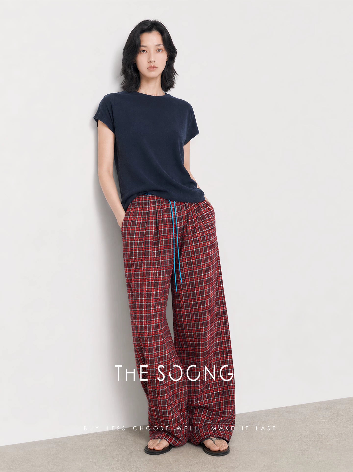 THESOONG/Lazy Holiday 100% Cotton Retro Plaid Elastic Waist Drawstring Straight Casual Pants 8451