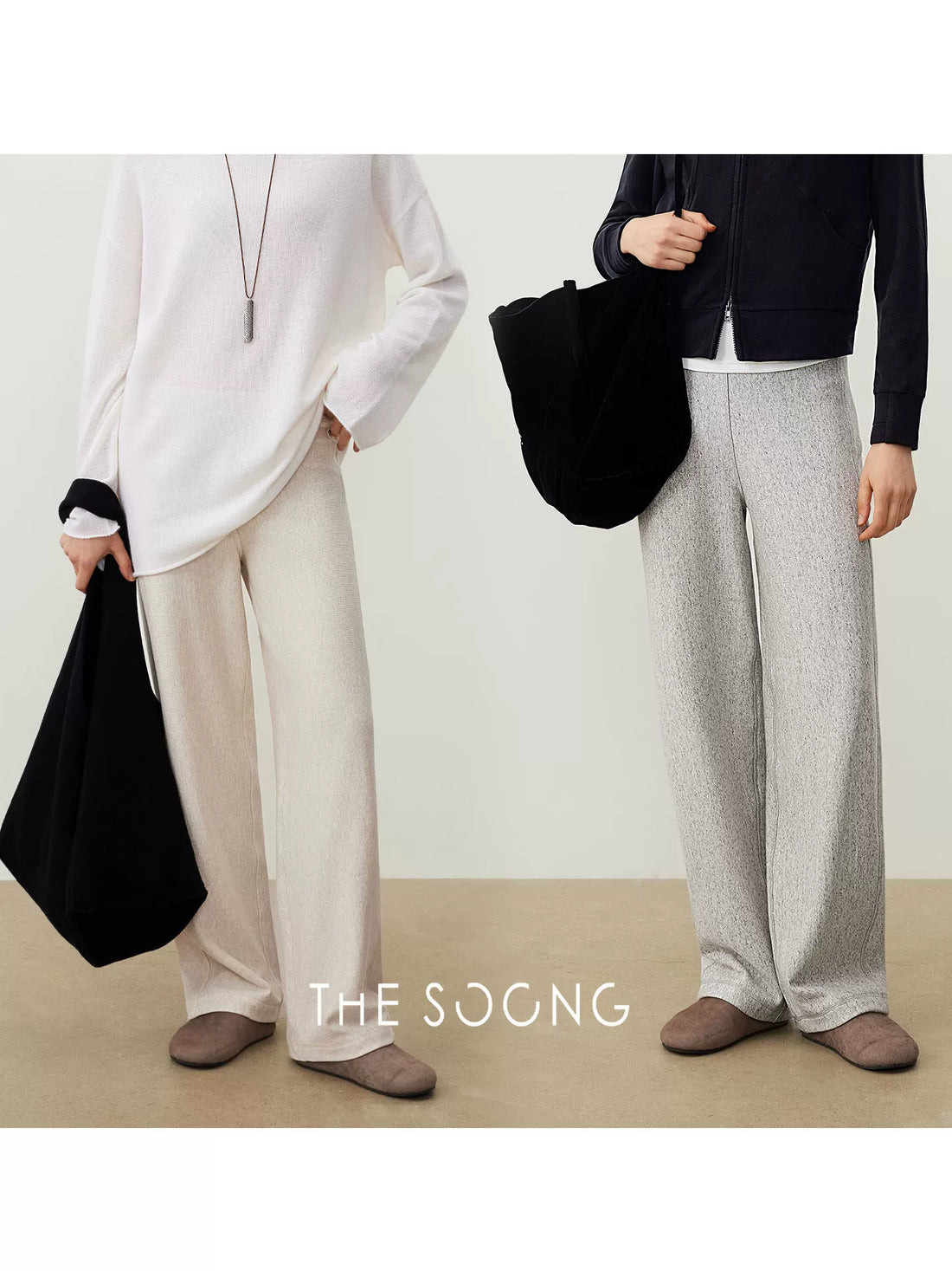 THESOONG/Autumn Cotton Casual Sweatpants Women's Straight Elastic Waist Long Pants Gray Petite HWKZ7729
