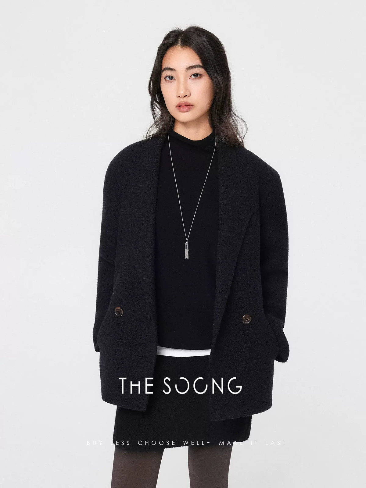 THESOONG/Autumn/Winter Black Wool Coat Women's Loose Thickened Warm Reversible Tweed Suit Jacket 7651