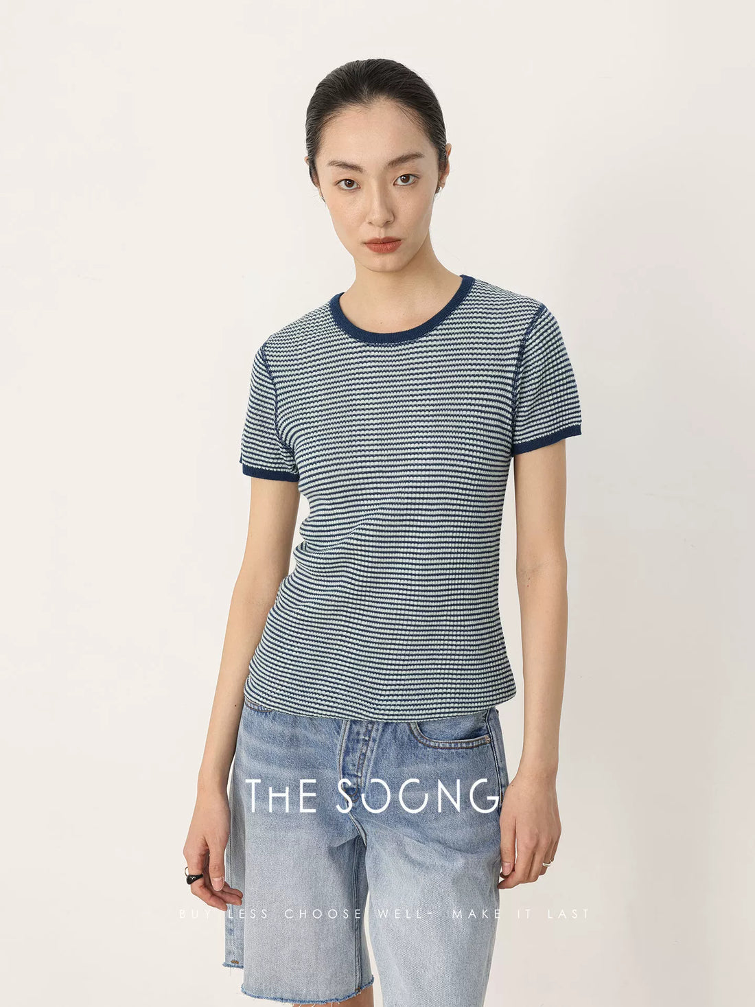 THESOONG/Classic Striped T Wool Rib Textured Color-Blocked Woven 3D T-Shirt Top HWTX8493