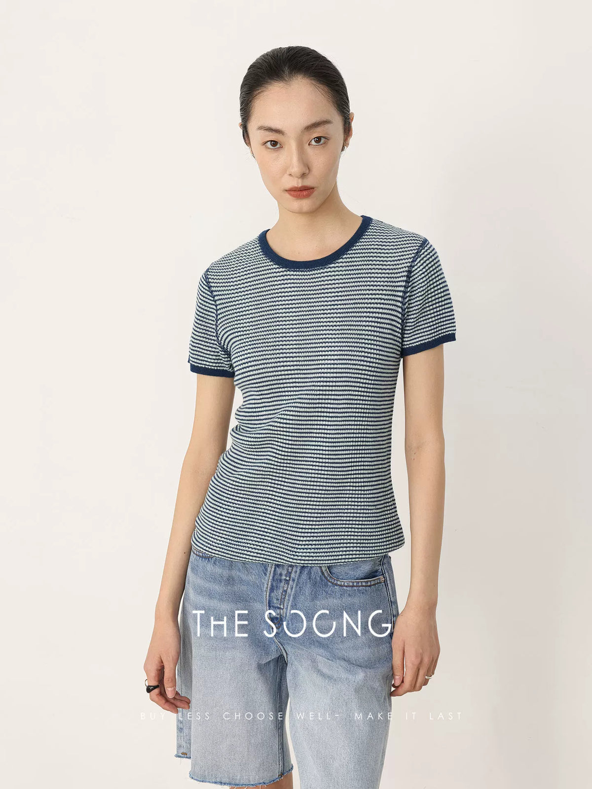 THESOONG/Classic Striped T Wool Rib Textured Color-Blocked Woven 3D T-Shirt Top HWTX8493