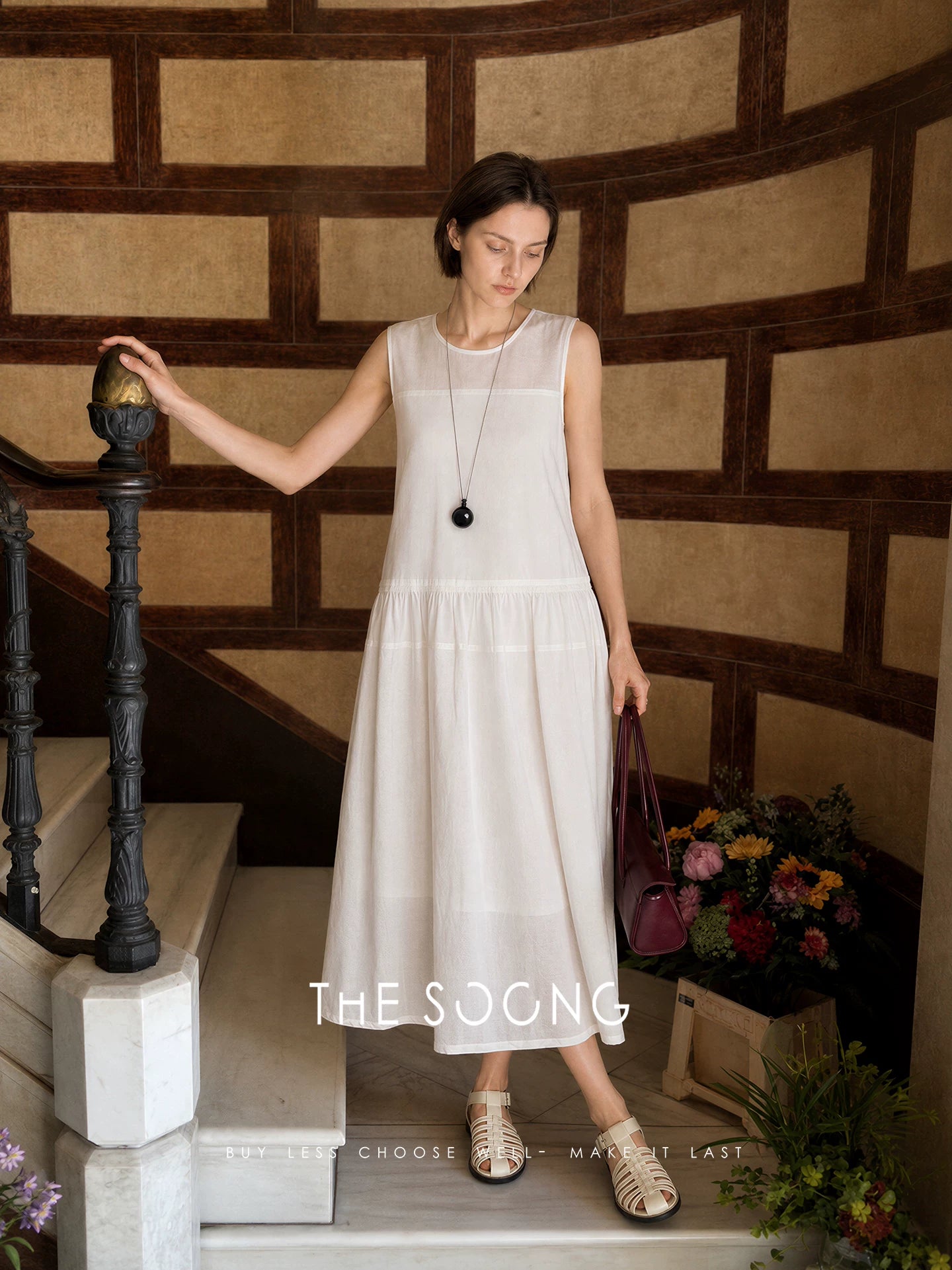 THESOONG/Summer Linen-Cotton Tencel Drawstring Waist-Cinching Black-and-White Sleeveless Dress for Women HWQZ9370