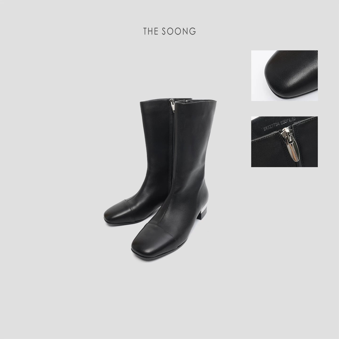 THESOONG/ First layer goat leather tall boots for women, chunky heel, mid-calf style, vintage black autumn HWXZ7734