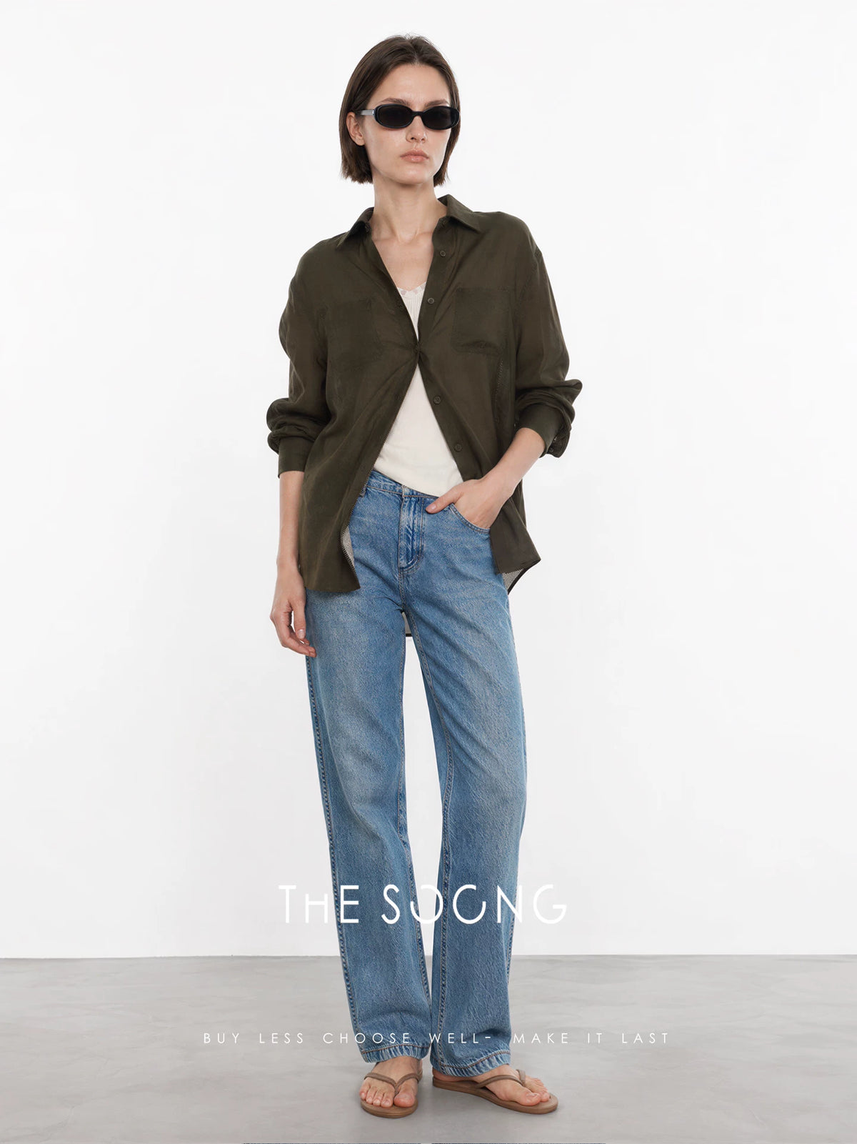 THESOONG/Lyocell Ramie Shirt for Women, Summer Olive Green Loose Long Sleeve Breathable Commuter Top 9406