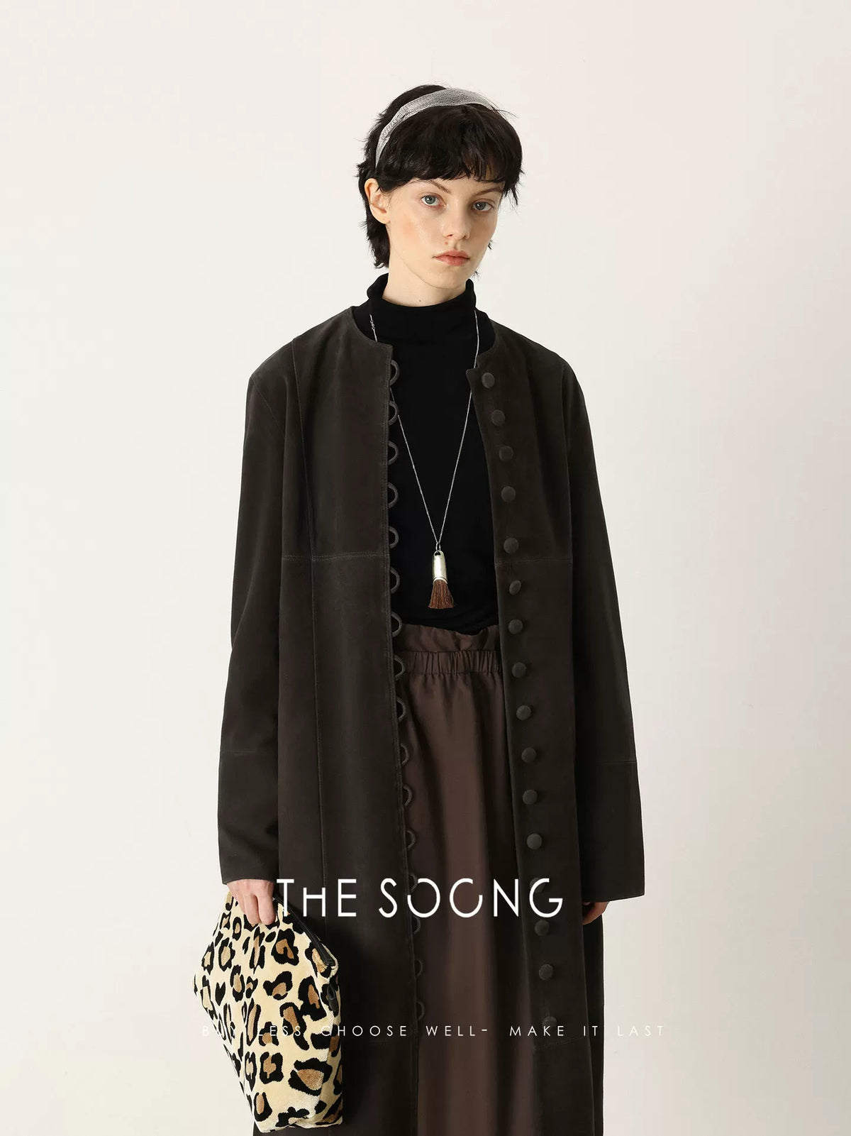 THESOONG/ 100% High-End Genuine Goat Leather Jacket for Women, Straight Trench Fit, Collarless Mid-length Leather Coat