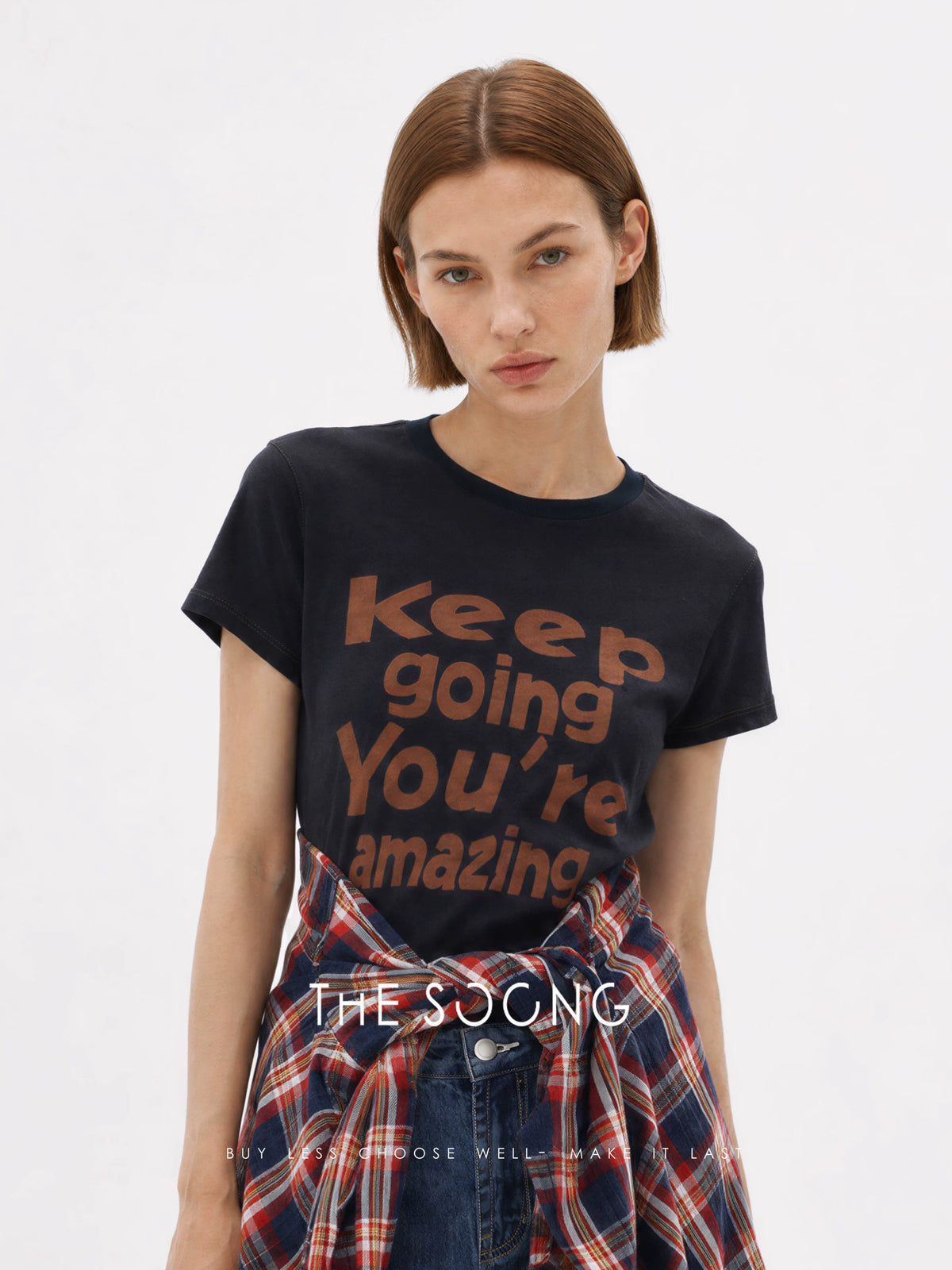 THESOONG/Relaxed Statement Cotton-linen blend color-contrast topstitched short round-neck T-shirt 8807