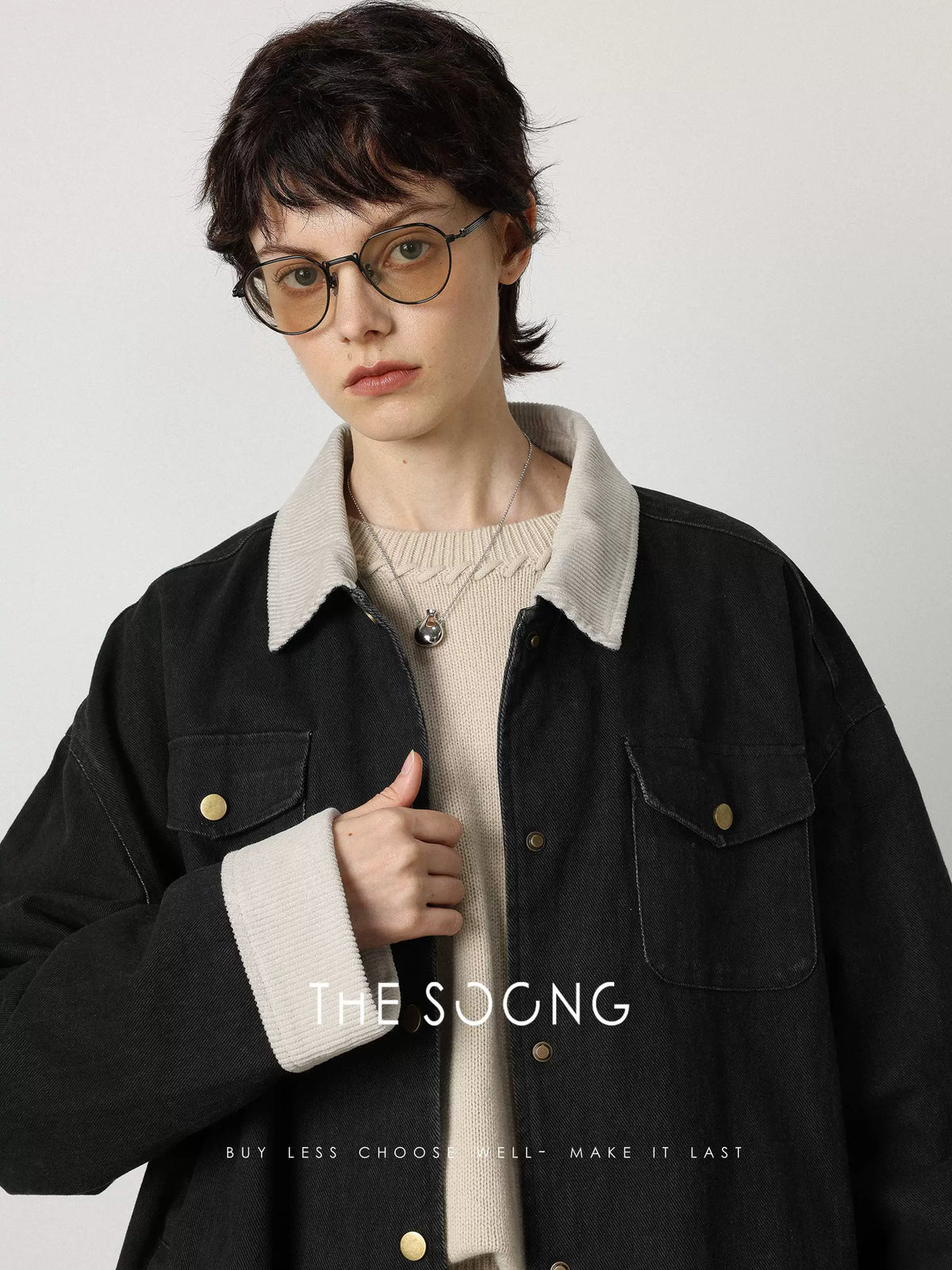 【Clearance】Film-style daily 100% cotton twill imitation contrasting rib retro collared padded denim jacket