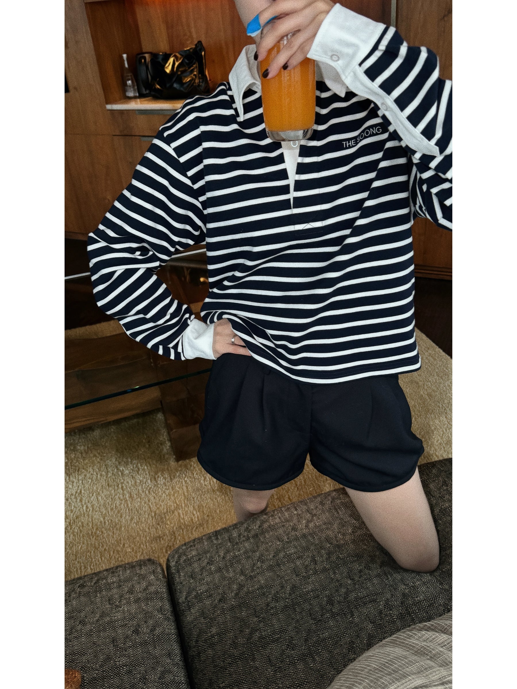 THESOONG/Coastline 100% Twill Cotton Yarn-Dyed Brushed Casual Structured Polo Collar Sweatshirt 9288