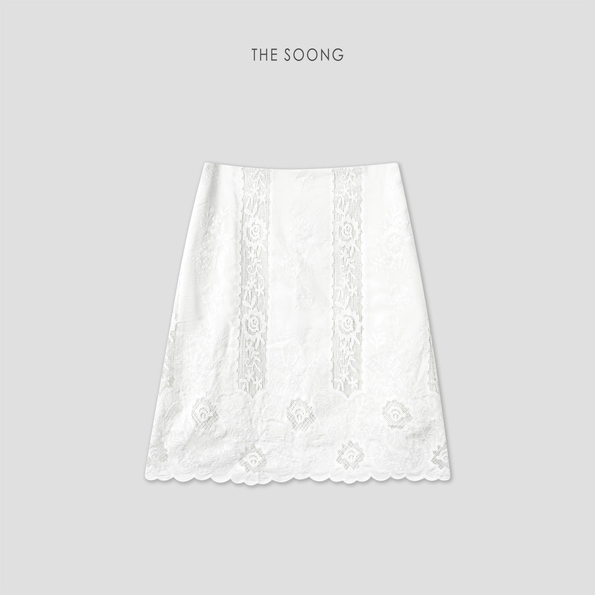 THESOONG/French Romantic High-Density Embroidered Lace Wave Edge Mid-Waist Slimming A-Line Skirt 9131
