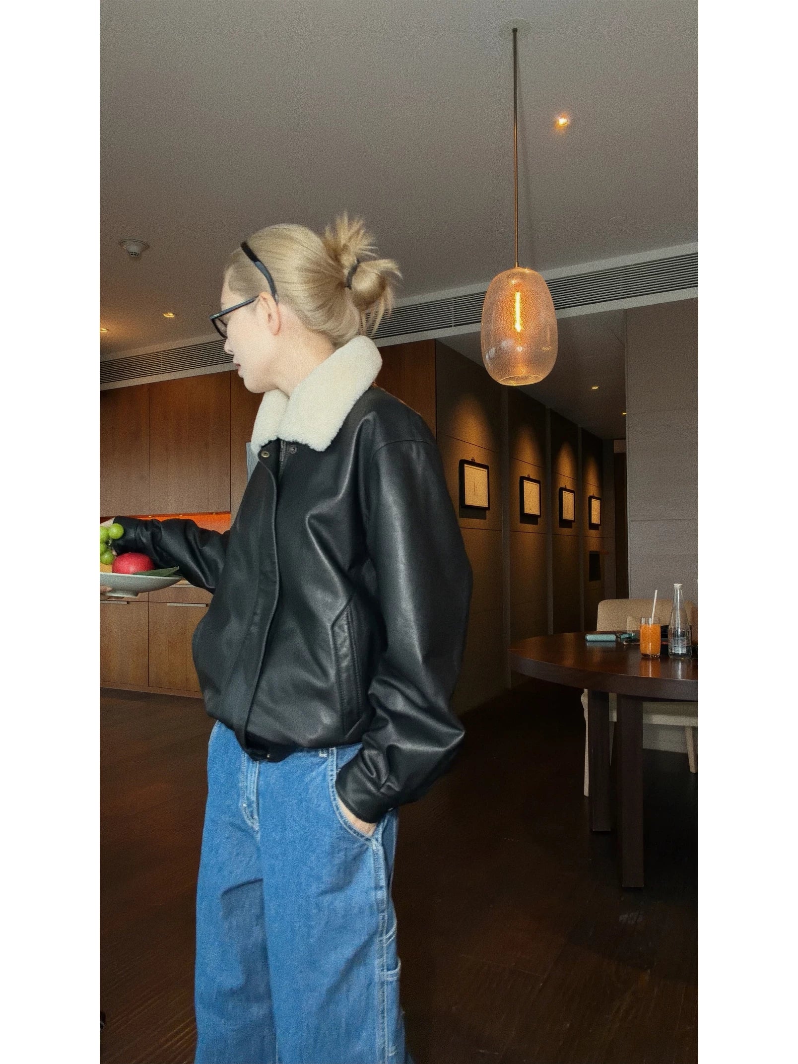 THESOONG/Haili Leather Jacket Retro High-End Wool Collar Detachable Non-Coated Leather Jacket for Women 9148