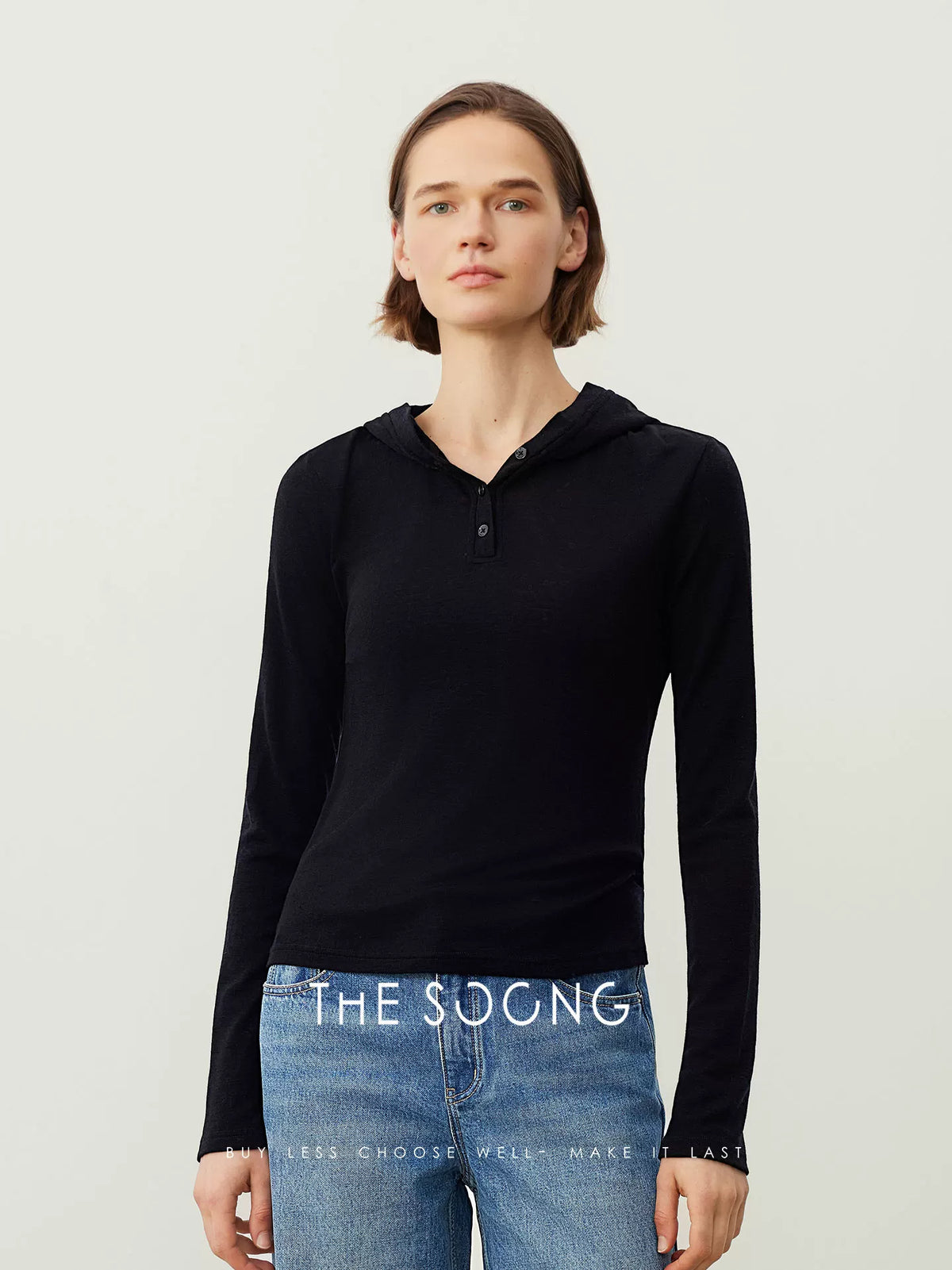 THESOONG/Autumn and Winter Lightweight 100% Pure Wool Classic Henley Collar Black Hoodie Long Sleeve Base Shirt 7430