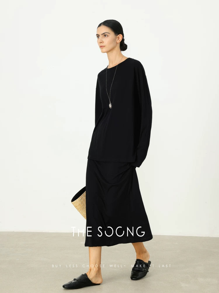 THESOONG/Snow White 100% Long-Staple Cotton Lightweight Thin T-Shirt and Skirt Relaxed Set for Women 5253
