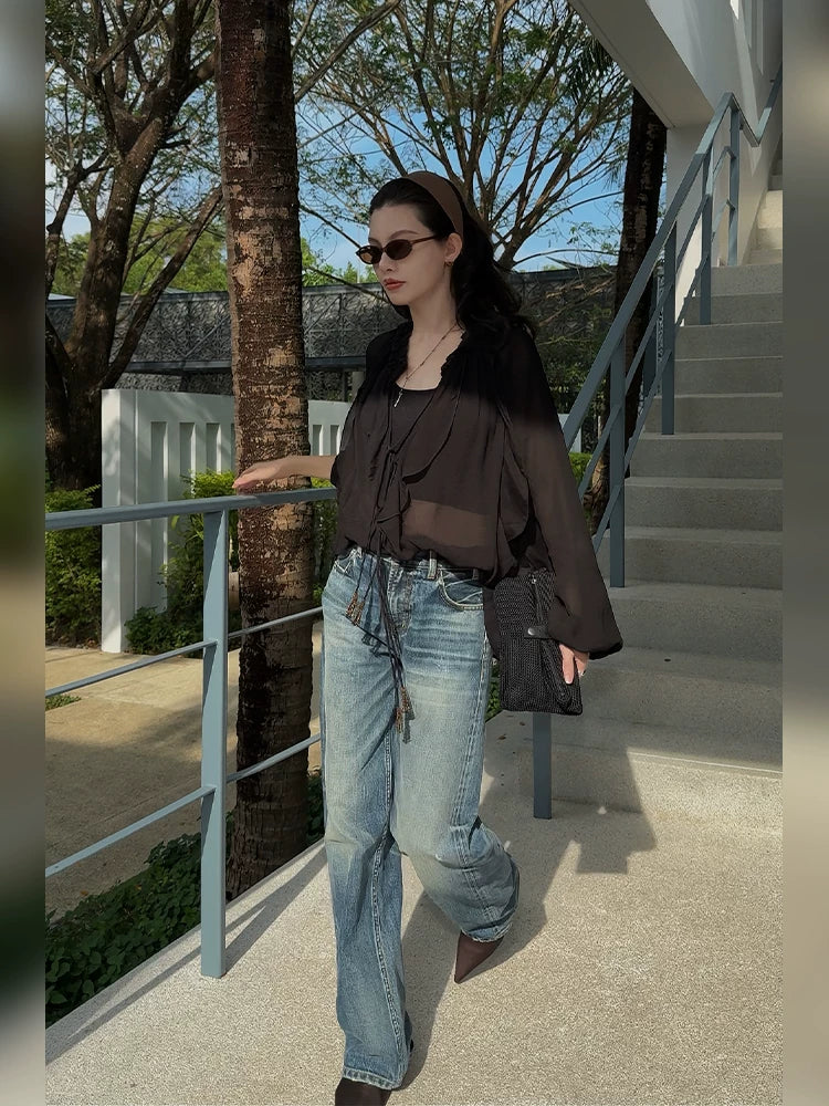 THESOONG/Red Selvedge Denim Autumn Retro Twill Texture Enzyme Wash Softened Mid-Low Waist Straight Jeans for Women