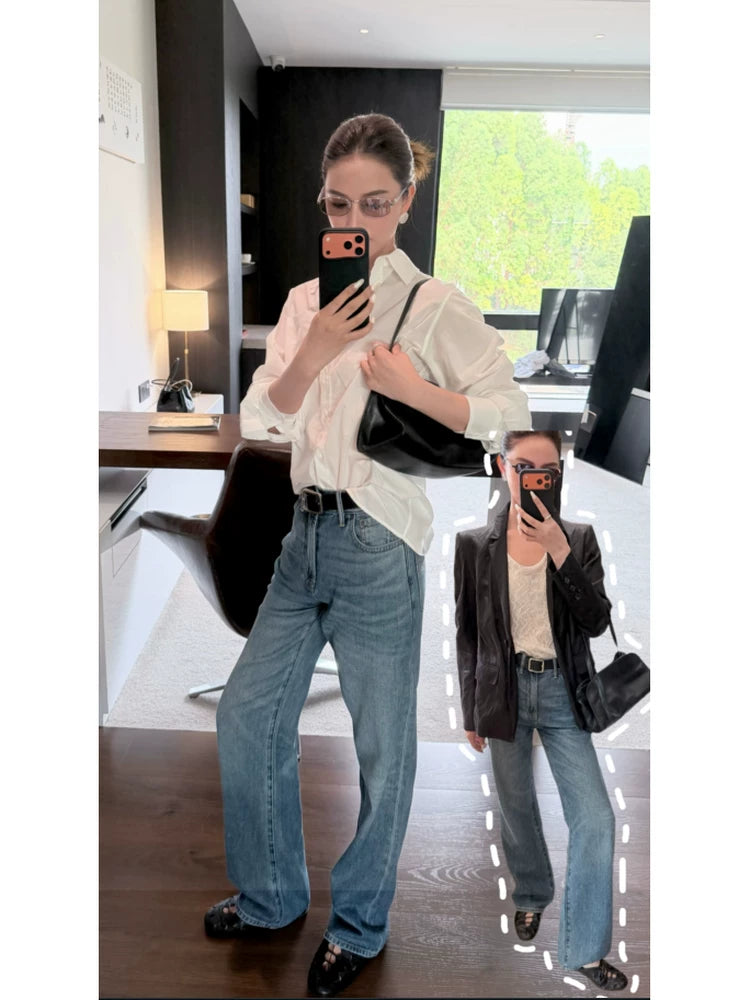 THESOONG/Acid Denim Three-in-One Blend Summer Thin Mid-Waist Zipper Straight-Leg Jeans for Women 8254