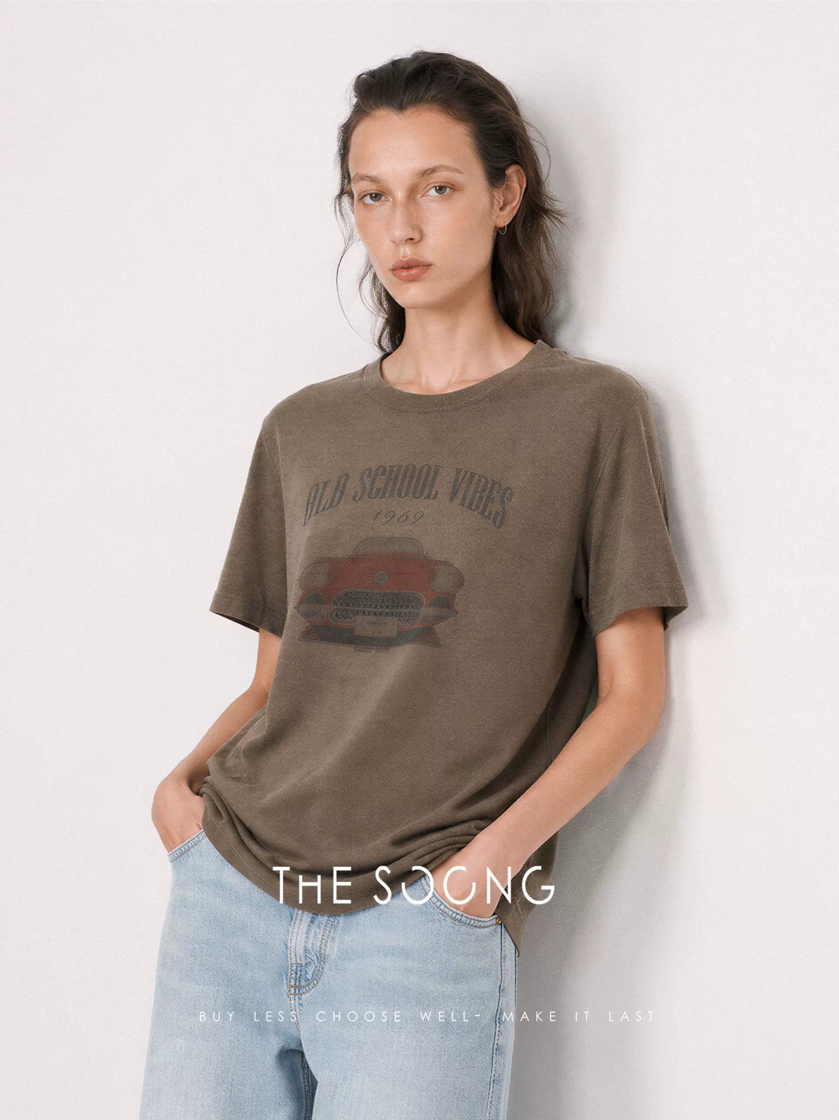 THESOONG/Linen breeze vintage car print breathable slim versatile short-sleeve T-shirt for women 9201