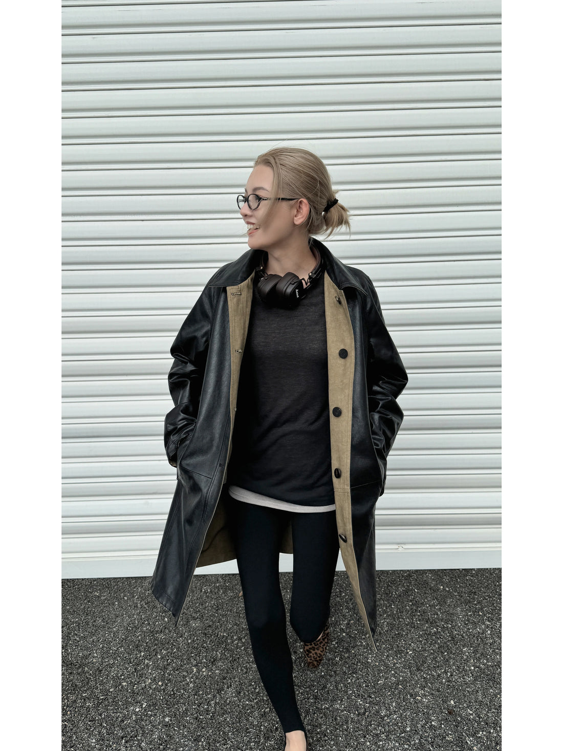 THESOONG/Double-Faced Leather Classic Retro 100% Lambskin Reversible Leather Trench Coat for Women 8640