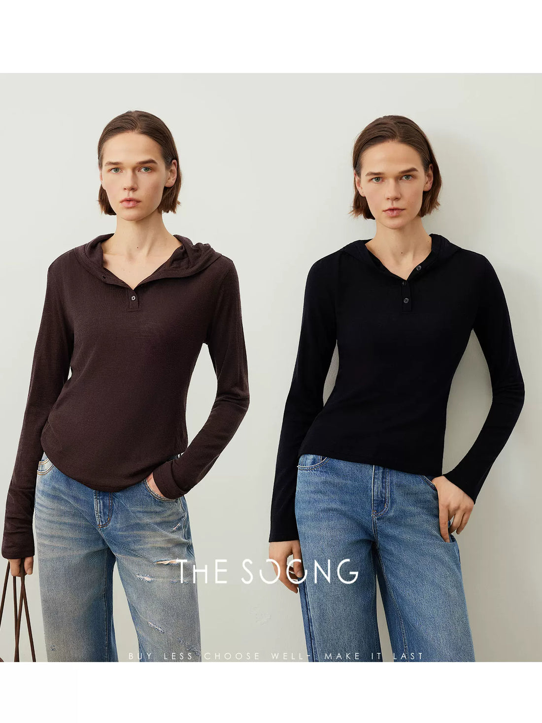 THESOONG/Autumn and Winter Lightweight 100% Pure Wool Classic Henley Collar Black Hoodie Long Sleeve Base Shirt 7430