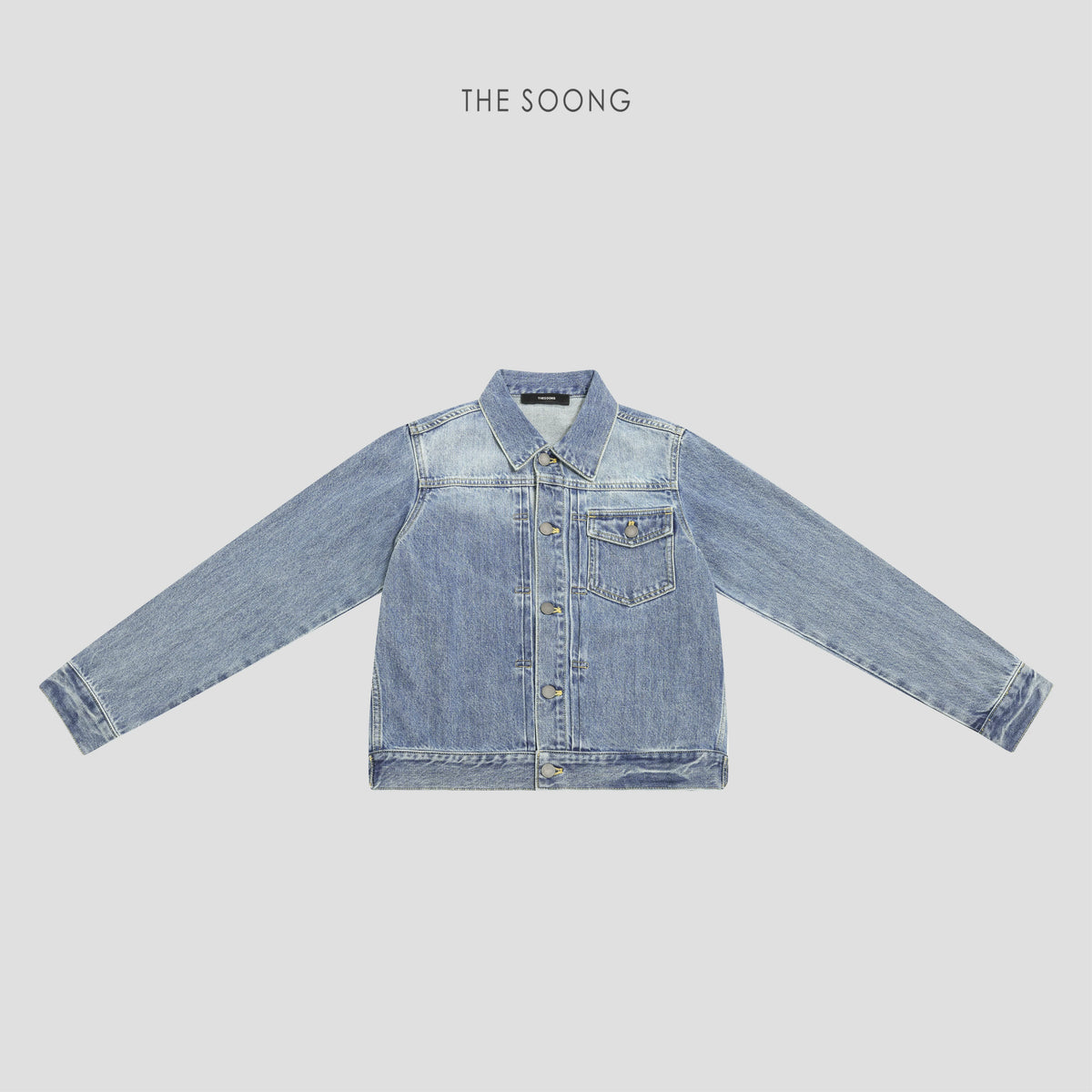THESOONG/Vintage Washed Blue Denim Jacket for Women, Short Lapel Single-Breasted Casual Jacket HBWT7357