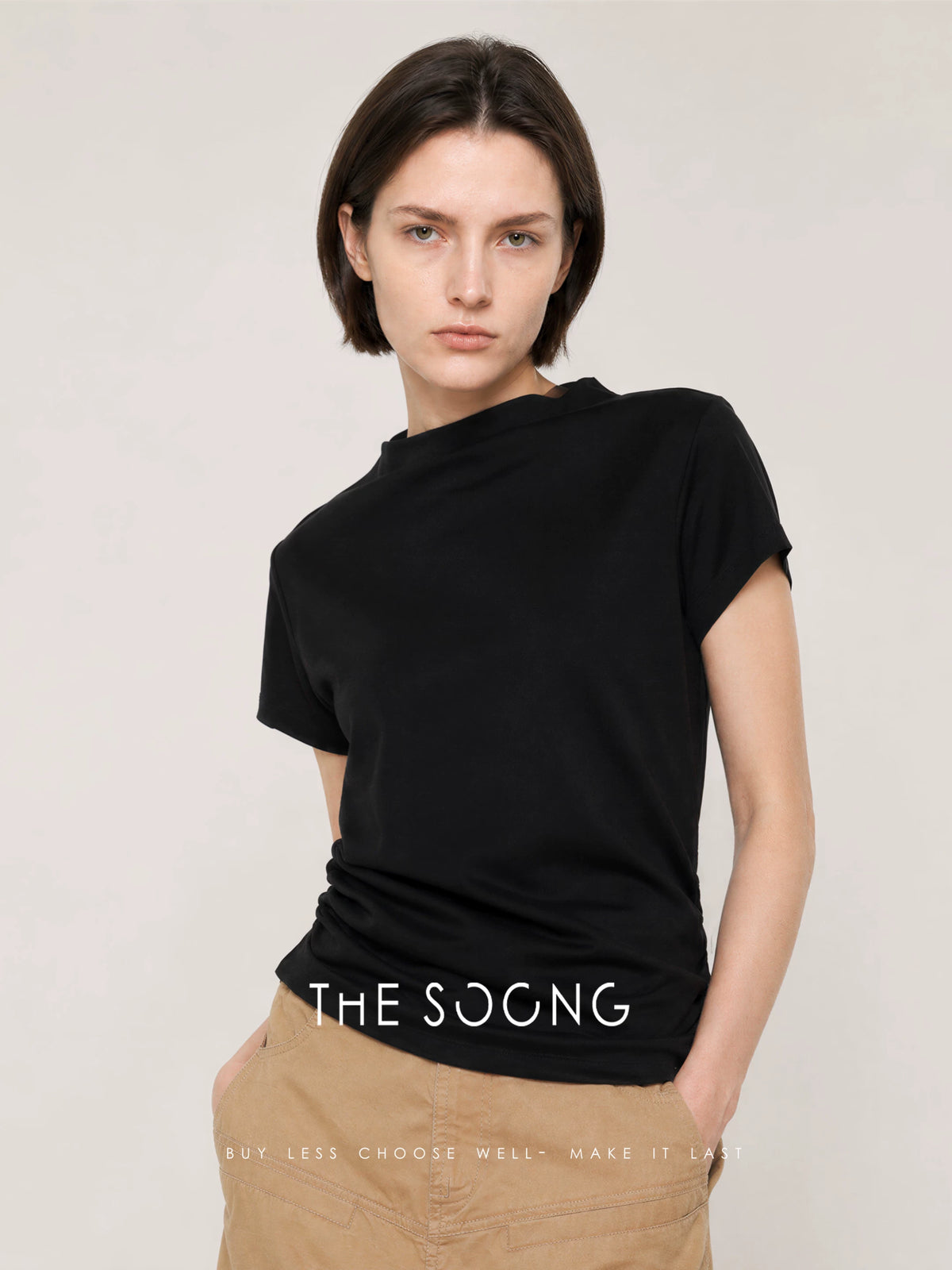 THESOONG/Graceful Light Elegance Lyocell Natural Soft Gathered Waist Small Boat Neck Short Sleeve T-Shirt for Women 8539