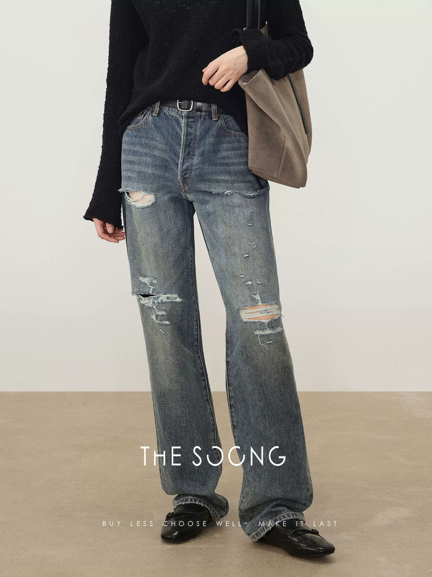 THESOONG/Salt-style well-regarded straight-leg jeans for women, irregular pull-out yuppie distressed distressed high-waisted 7427